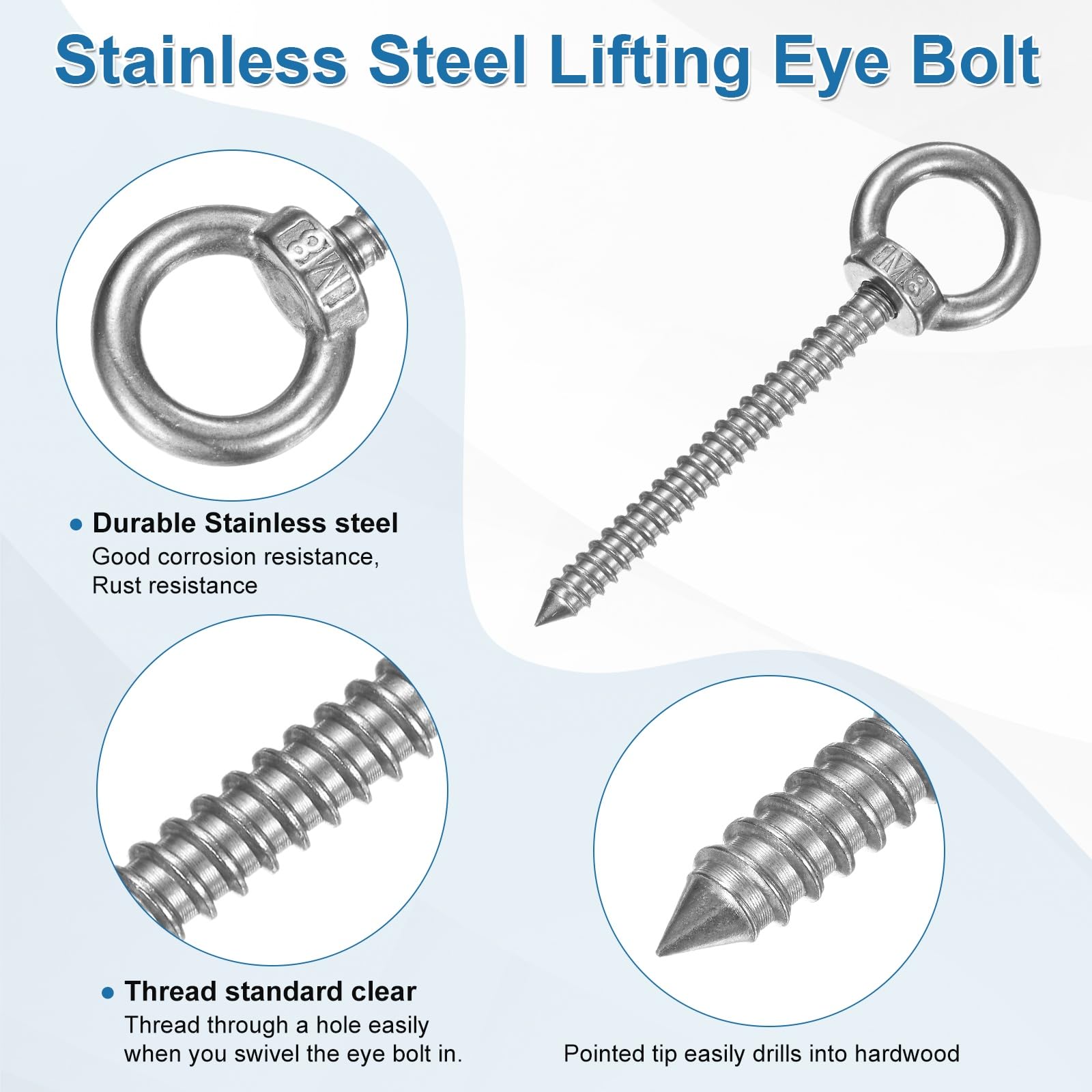 M METERXITY 4-Pack 304 Stainless Steel Eyebolt M8x80mm Shoulder Lifting Eye Bolt Self Tapping Eye Bolts for Wood Securing/Swing/Hanging Hammocks Silver - Image 2