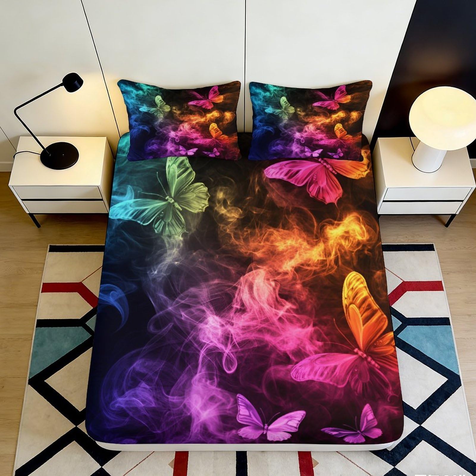 3D Printed Colorful Butterfly Fitted Sheet Microfiber Vibrant Smoke Pattern Mattress Cover Anti-Slip Washable for Bedroom Guestroom Decor 90x200x25cm