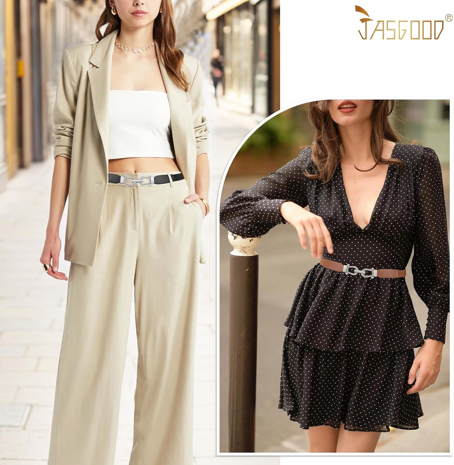 JASGOOD Women Skinny Elastic Belt for Dresses,Thin Retro Stretch Waist Belt with Golden Buckle - Image 4