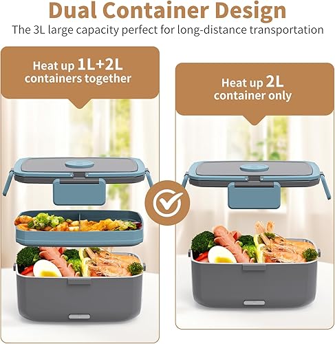 Miniatura 2 de Fiambrera eléctrica para adultos  Calentador de alimentos portátil de 90 W con acero inoxidable de 2 L y recipiente de fruta de 1 litro, lonchera