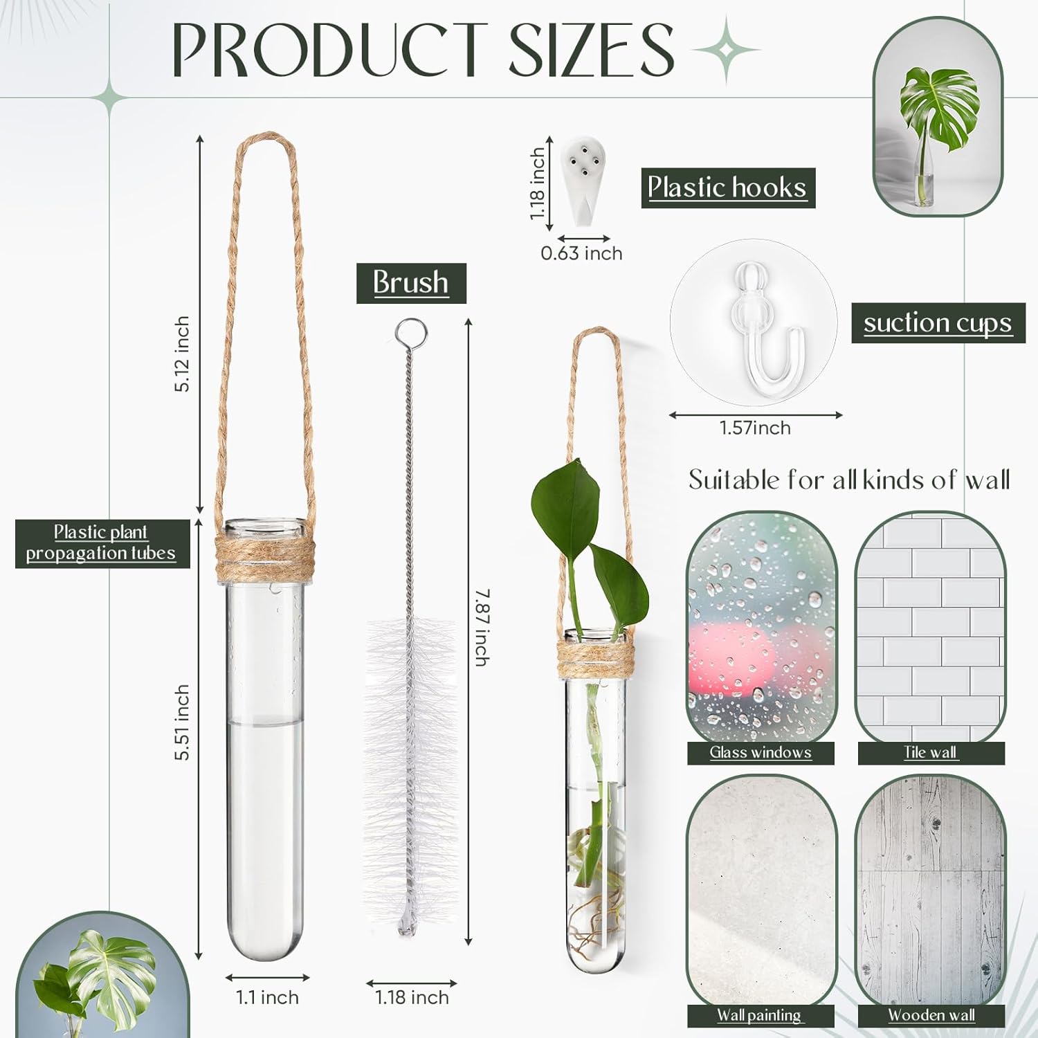 Baderke 9 Pack 5" Clear Window Propagation Stations Plastic Window Planter with Suction Cups & Traceless Nails, Propagated Plant Holders with Bottle Brush, Wall Hanging Planter Vases Terrarium Gifts - Image 2