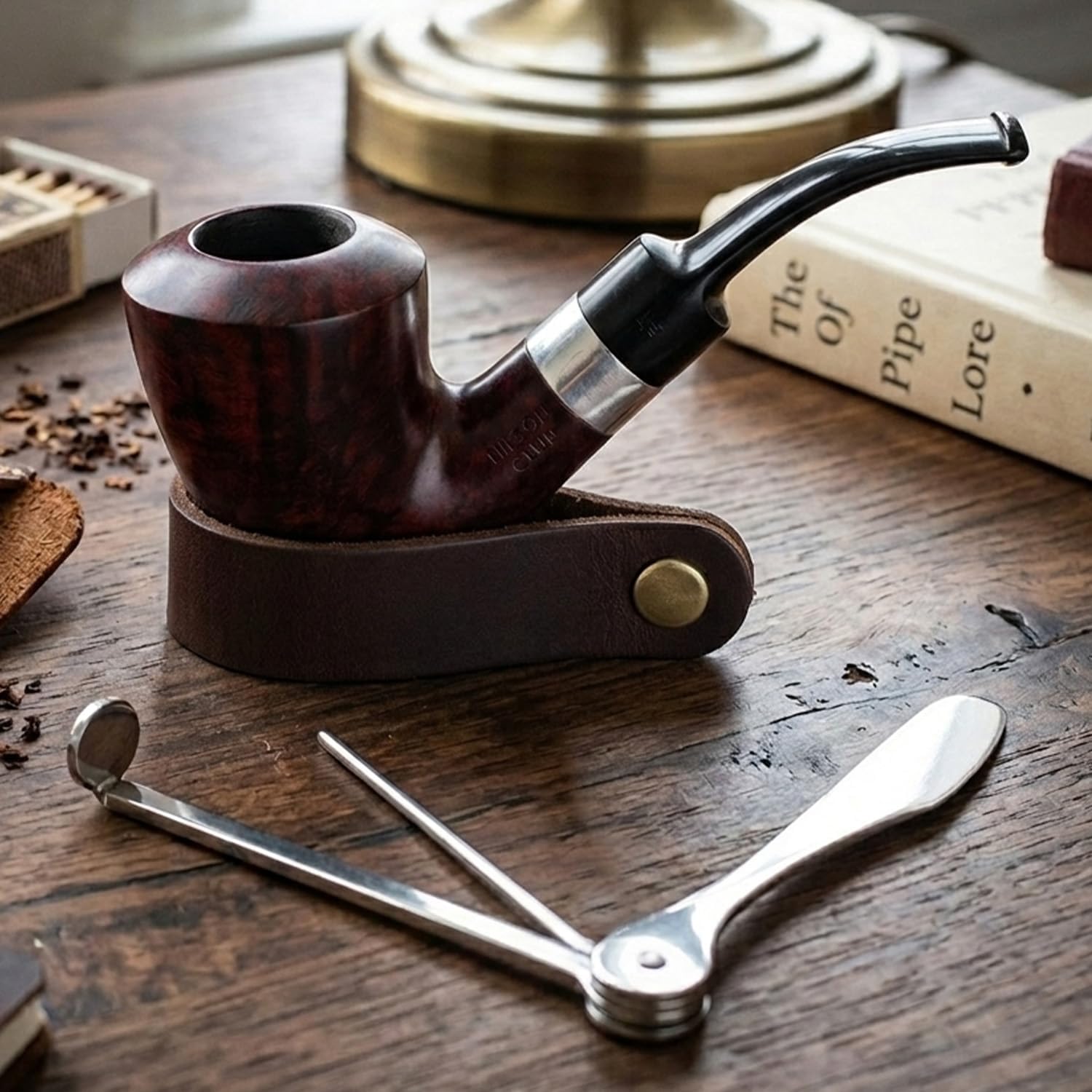 2-in-1 Pipe Stand & Tool Set – Handmade Crazy Horse Leather Holder with Brass Screw Buckle, Detachable Tobacco Pipe Stand, 3-in-1 Tamper Tool (Poker/Stirrer/Tamper), Essential Gift for Men Smokers (Dark Brown) image 3