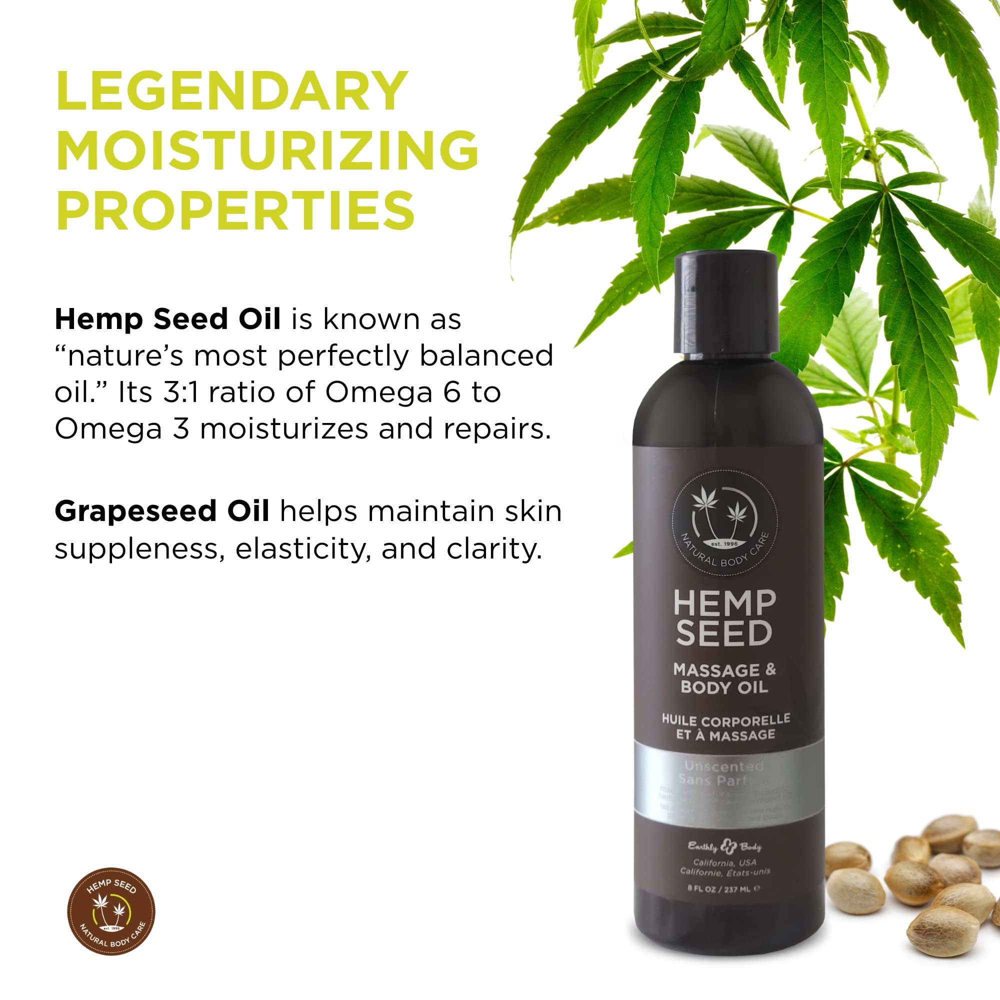 Hemp Seed Massage & Body Oil, Unscented - 8 fl. oz. - Nourishing, Moisturizing Massage Oil - Hemp Seed, Apricot, Grapeseed & Sweet Almond Oil - Vegan & Cruelty Free