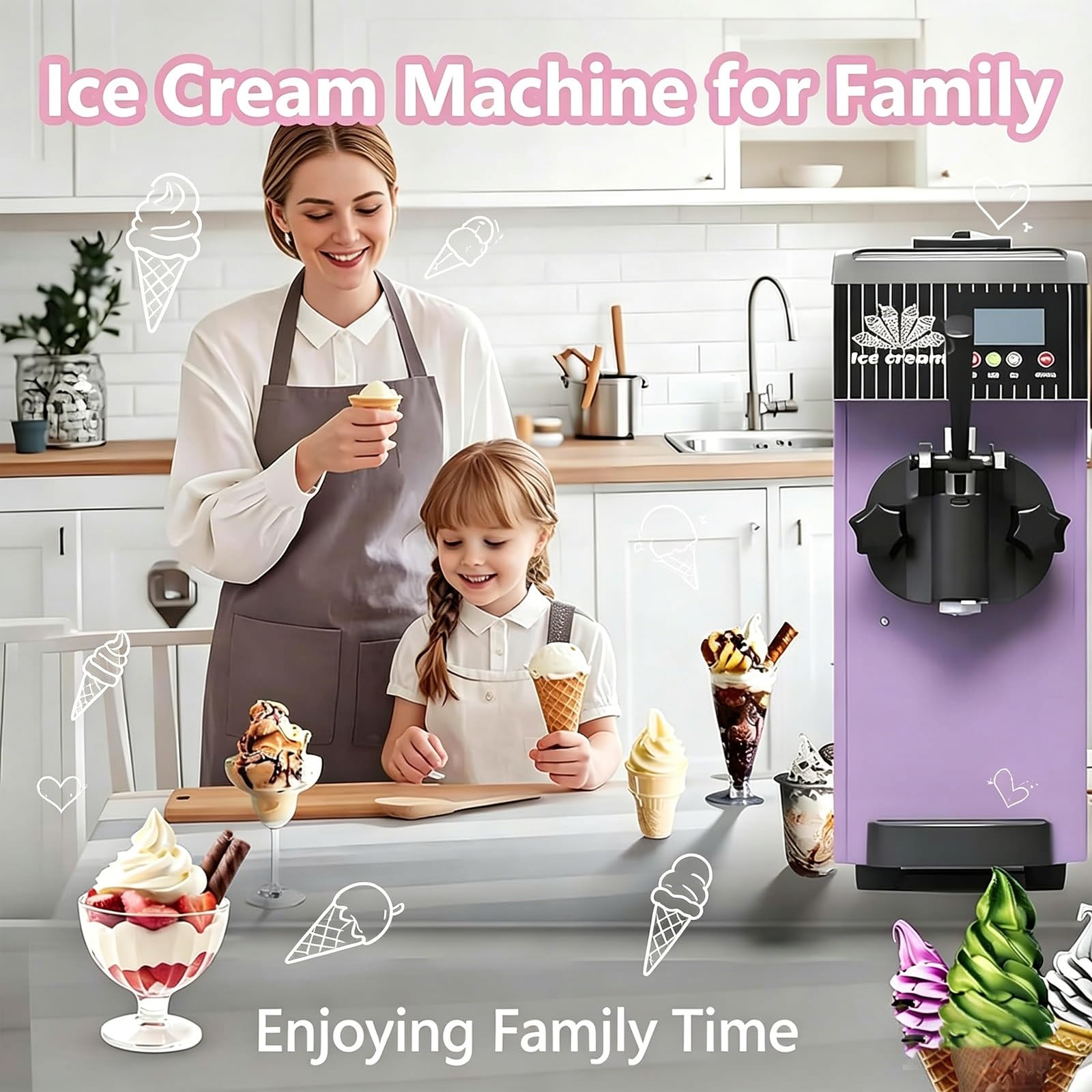 Macchina per gelato da 450 W, macchina morbida per supermercati e panetterie, attrezzatura da tavolo con schermo LCD, pulizia automatica, capacità 2,5 l, sapore singolo