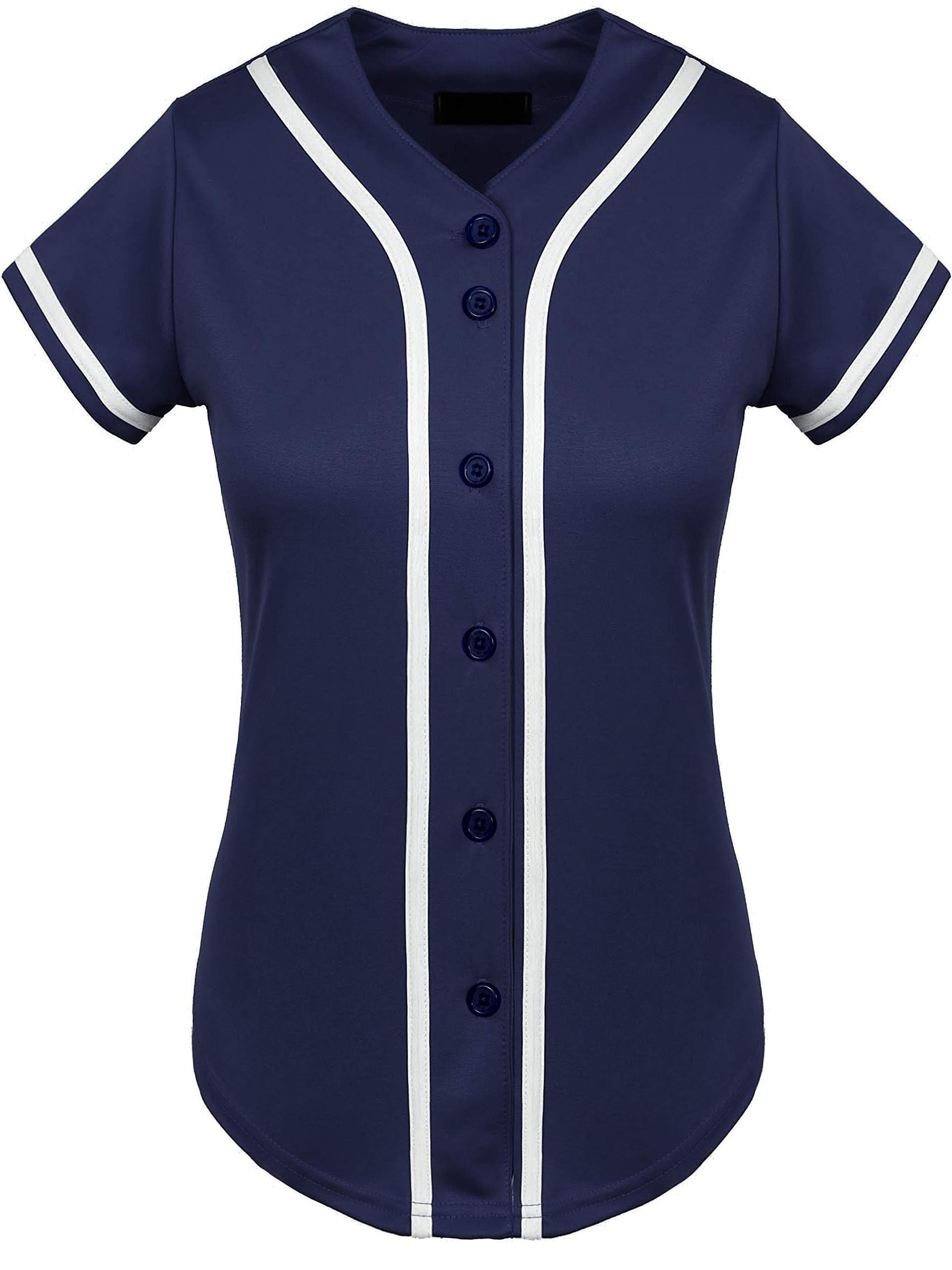 SPTEHW Womens Baseball Jersey Blank Button Down Softball Jersey Hip Hop Hipster Short Sleeve Sports Uniform, Navy Blue, S