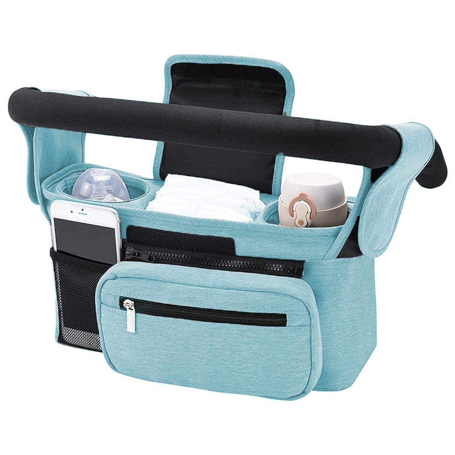 Universal Stroller Organizer with Insulated Cup Holder, Detachable Phone Bag & Shoulder Strap