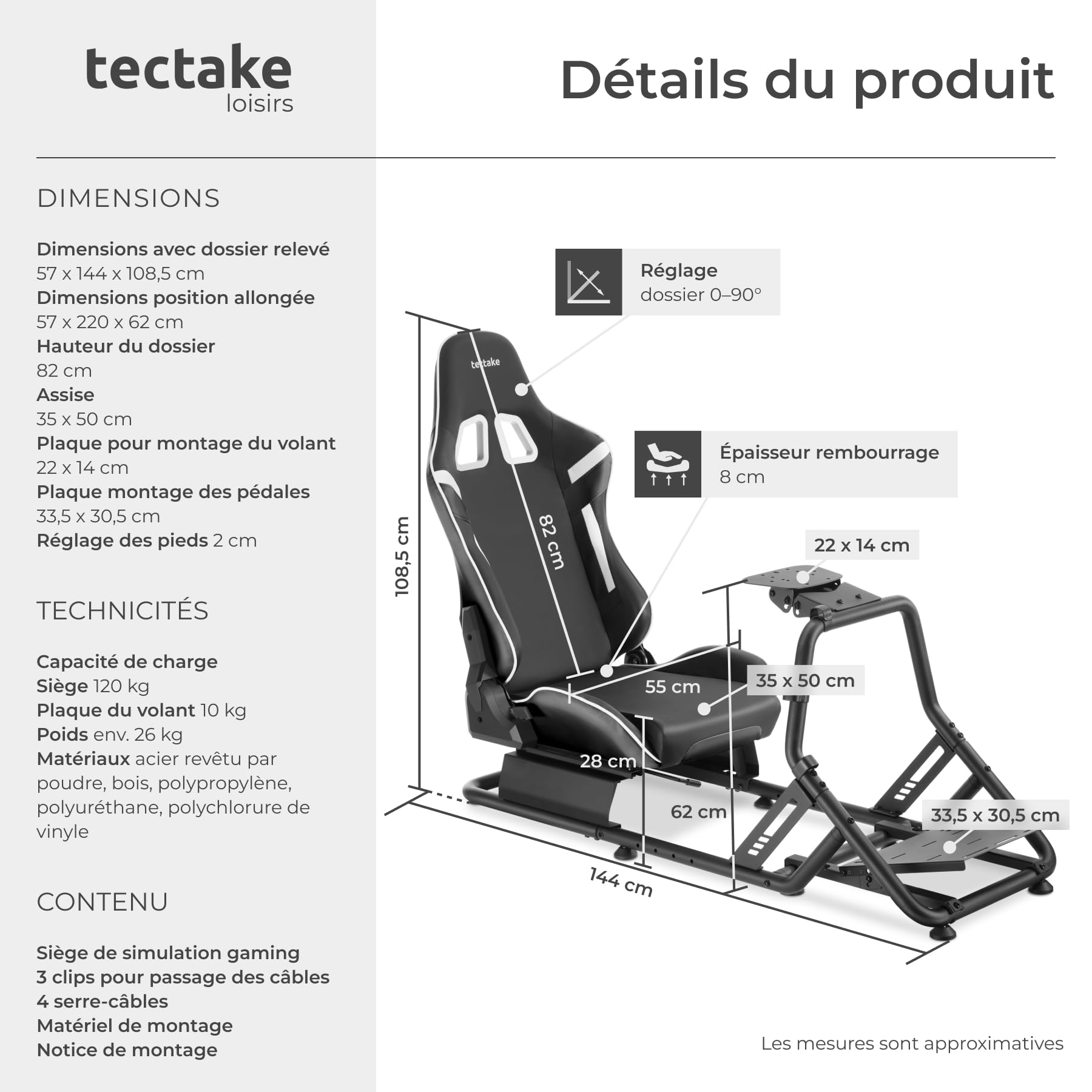 tectake® Fauteuil gaming Simulateur de conduite, 57x144x108,5 cm, Chaise Gaming baquet GT, Nombreux Réglages, Support Volant et Pédalier, Cockpit Simracing pour Volant Logitech, Thrustmaster, Fanatec