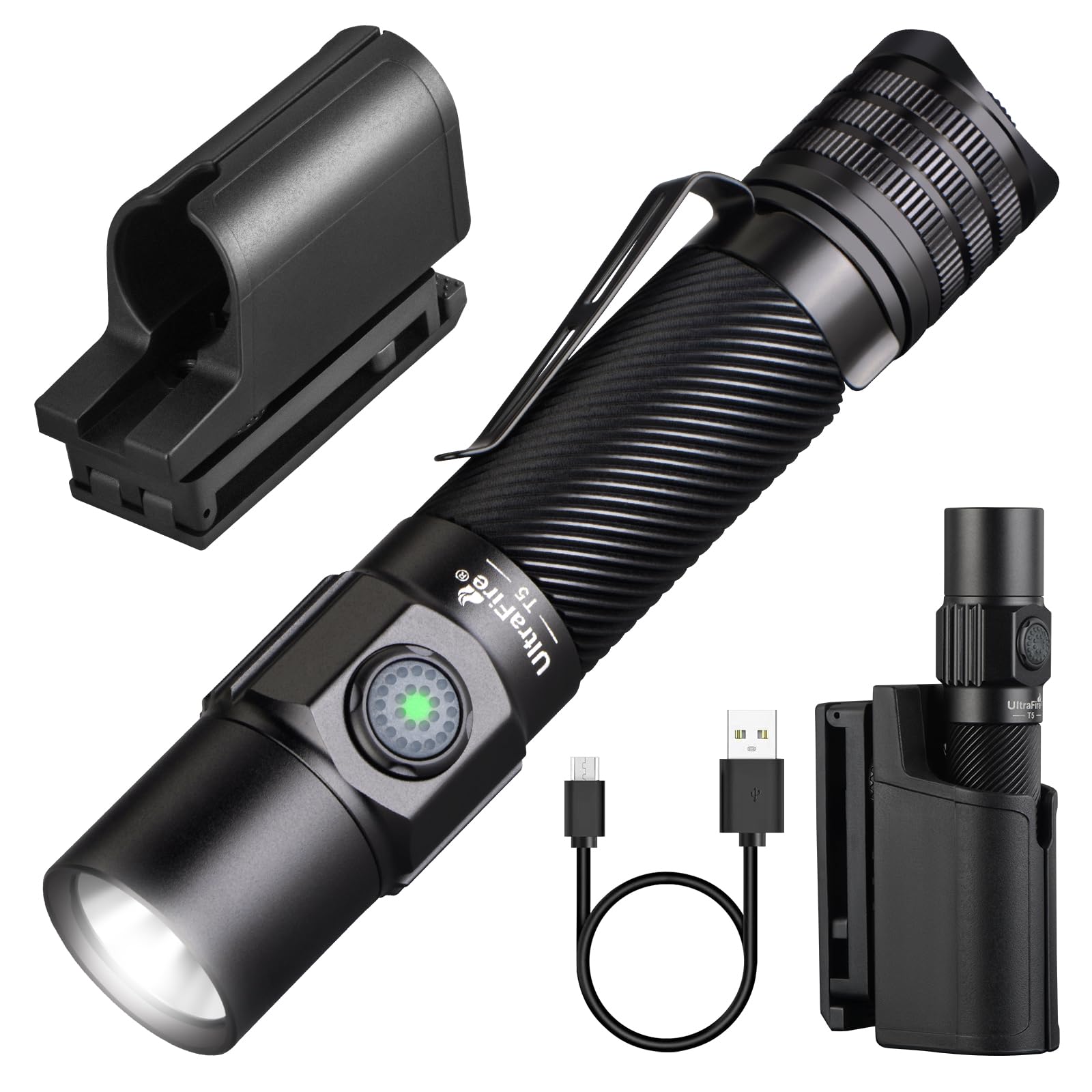 ULTRAFIRE Linterna táctica T5 con funda, linterna LED recargable de 1800 lúmenes altos con soporte para cinturón de trabajo, linterna de policía con doble interruptor para aplicación de la ley,