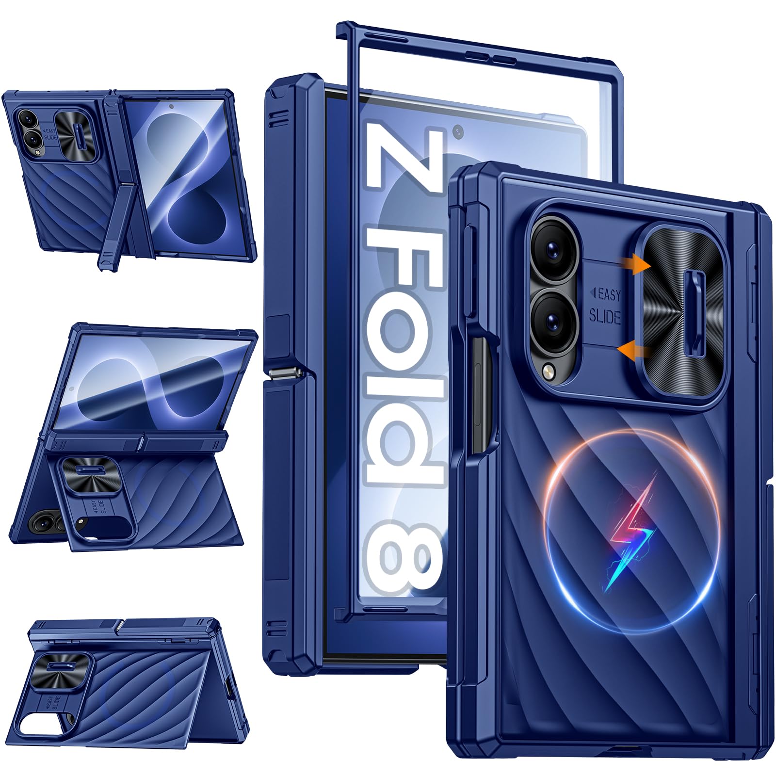 Vizvera Custodia per Samsung Galaxy Z Fold 8 2026, protezione antiurto con cerniera e protezione dello schermo con copertura scorrevole per lente, con doppio supporto nascosto, compatibile con MagSafe