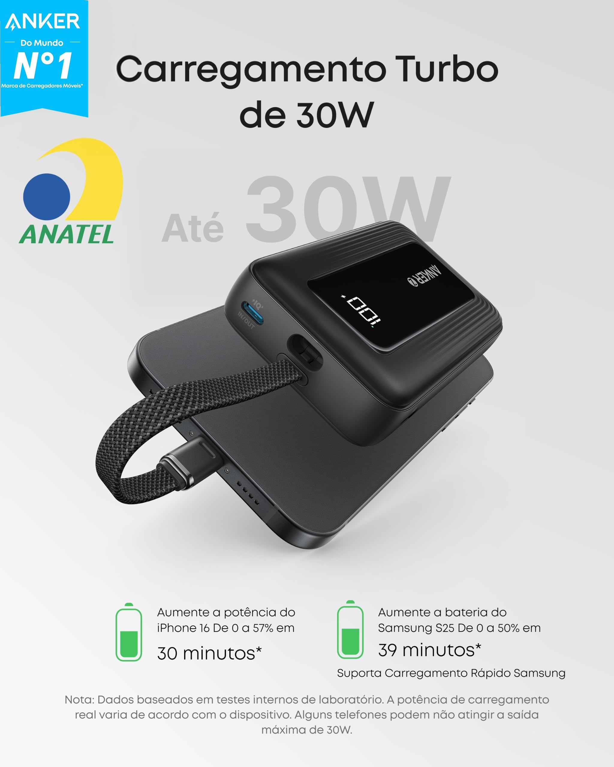 Anker Power Bank 10000mAh USB-C① Anker Power Bank 10.000mAh 30W, Carregador Portátil, Cabo USB-C