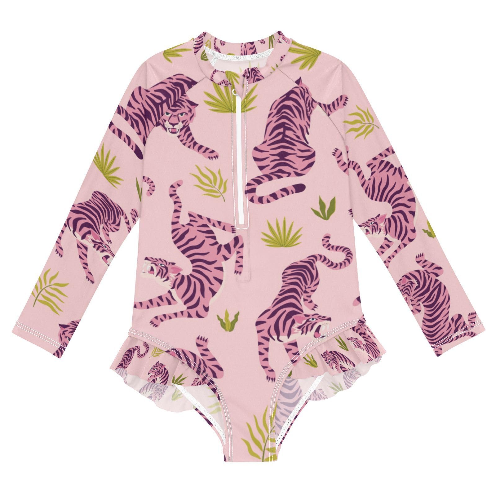 susiyo Pink Tigers and Tropical Leaves Girls One Piece Swimsuits Long Sleeve Bathing Suits Cute Ruffle Swimwear - 7-8T