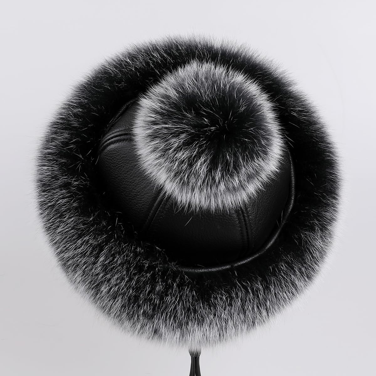 Women's Winter Sheepskin Leather Bucket Hat with Fox Fur Trim
