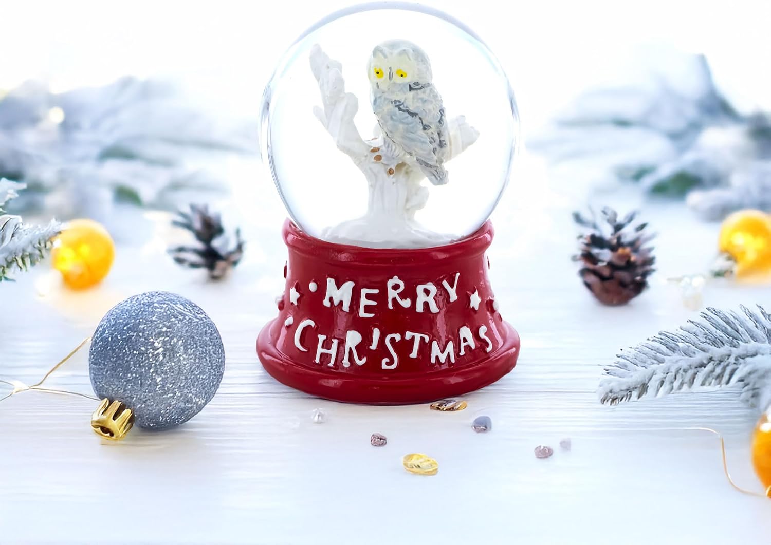 White Owl Perched on Red Base Mini Water Snow Globe