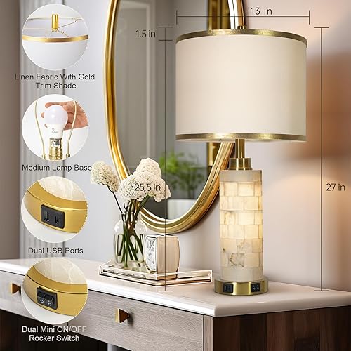 Miniatura 3 de Juego de 2 lámparas de mesa de alabastro natural de 27 pulgadas, lámparas para sala de estar, dormitorio, lámparas de noche con luz nocturna