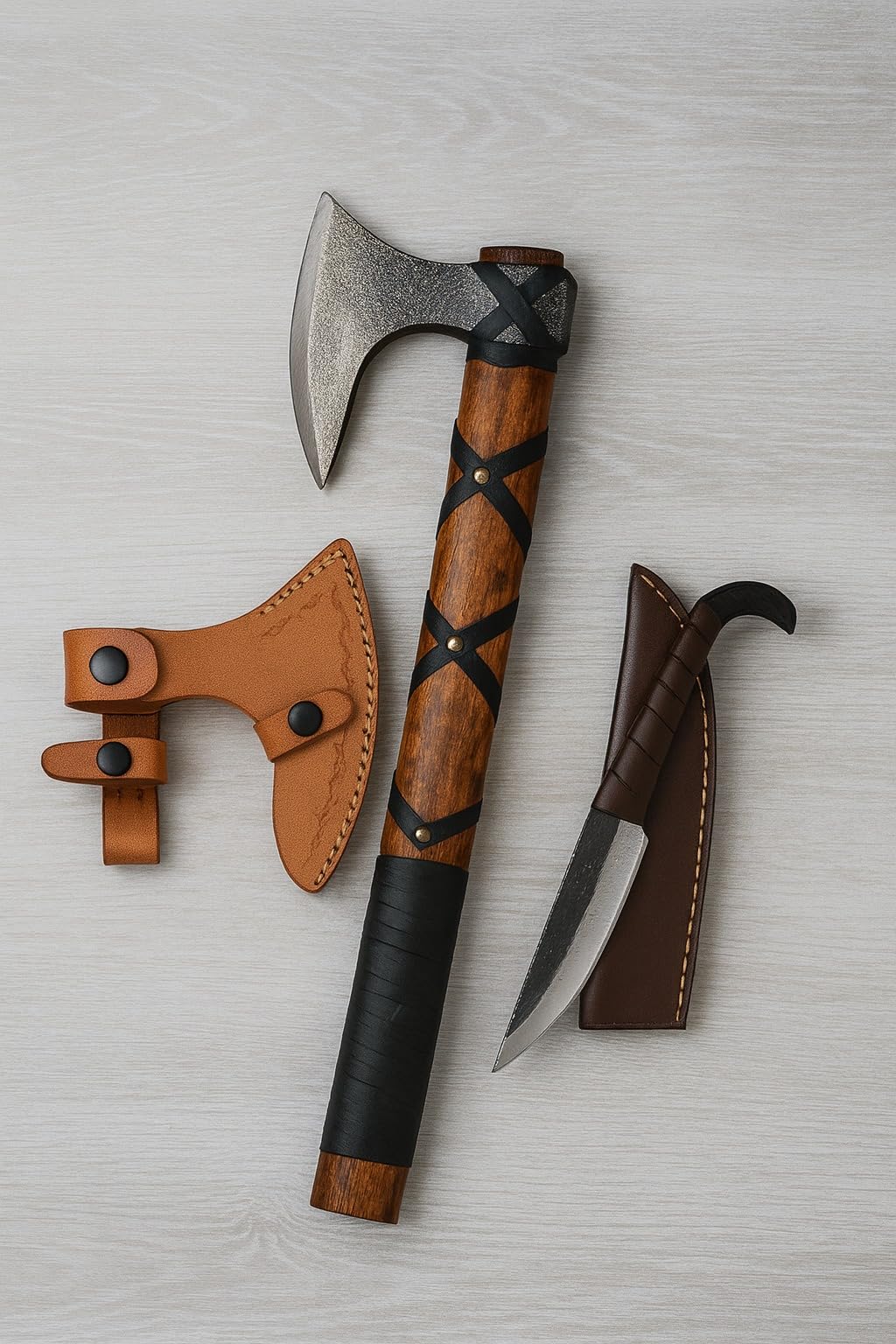 Hand-Forged Viking Axe and Norse Vikings Knife Set | 20" Carbon Steel Axe with Raven-Head Knife with Leather Sheath | Medieval Replica Collectible Gift Set for Men.