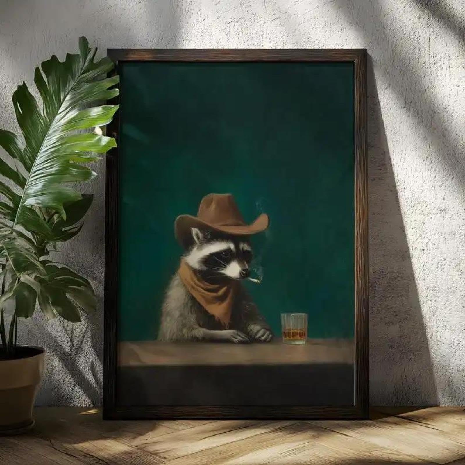 SHINERING Vintage Funny Smoking Raccoon Cowboy Canvas Wall Art, Animal Home Decor Poster For Moody Bar Lounge Decortions 21X30Cm Unframed