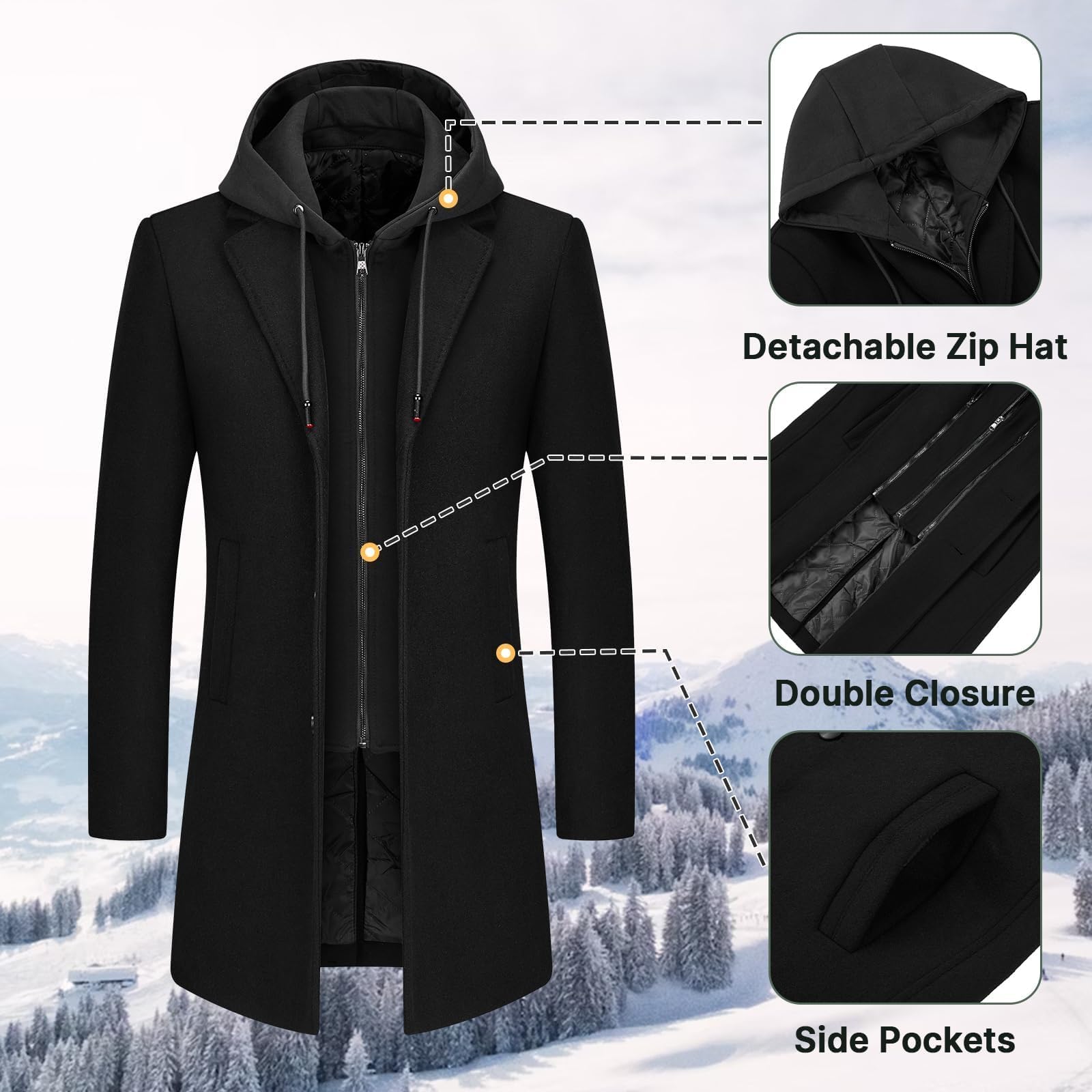 Cappotto da uomo in lana con cappuccio rimovibile e caldo, lungo trench, per l'inverno, capanna parka da uomo, slim fit, Nero , XS