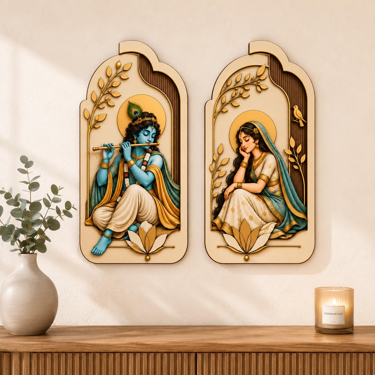 American Elm Set of 2 Radha Krishna Wooden Wall Hanging Decor for Pooja Room Living Room and Entryway Arch Shape Wall Art Ready to Hang-picture-10