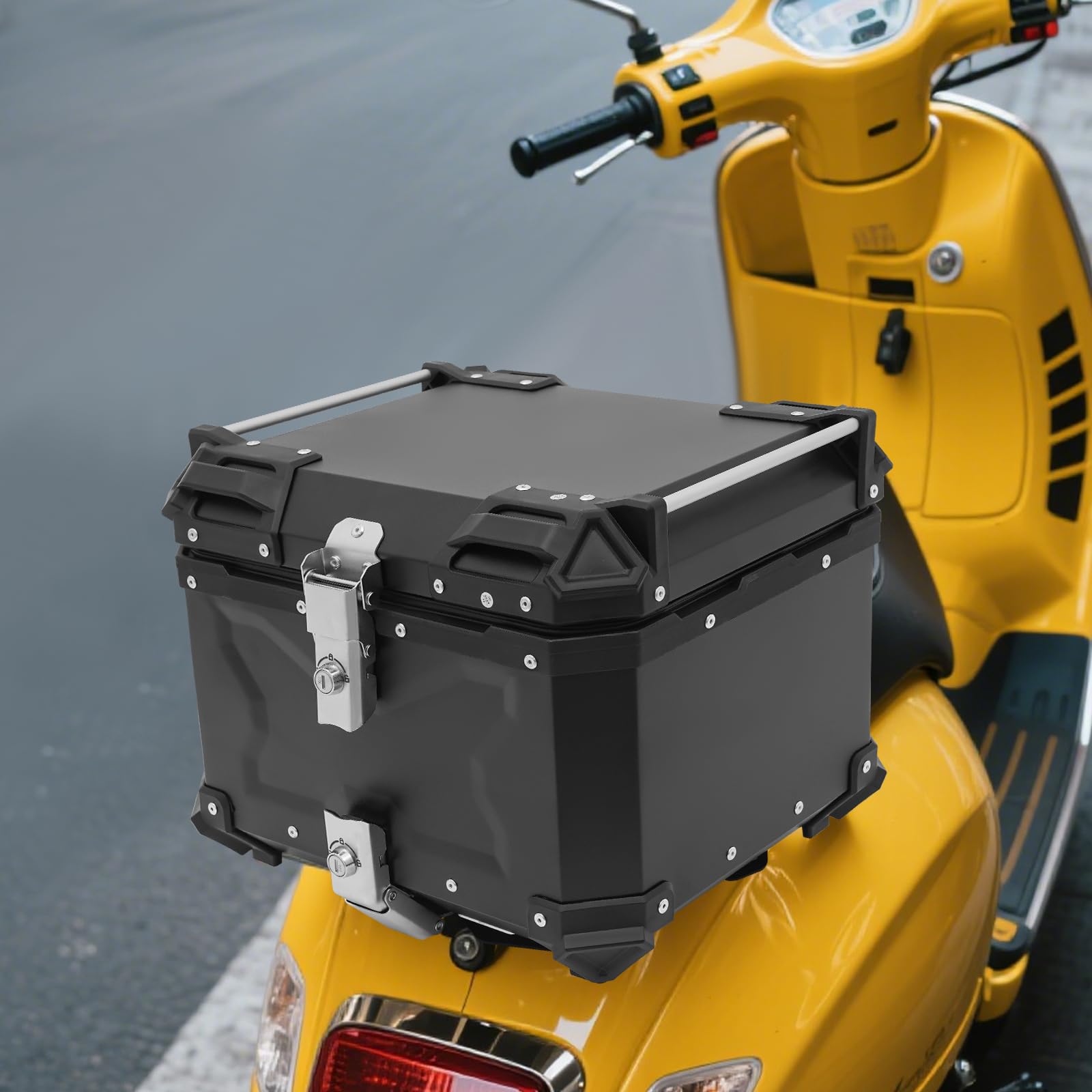 Baúl para moto de 65 L, máx. 10 kg, aleación de aluminio, 56,5 x 39,5 x 30,5 cm, resistente al agua con cerradura y 2 llaves, color negro