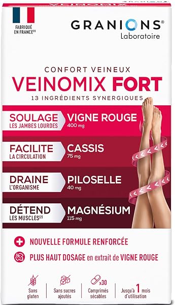 GRANIONS - VEINOMIX FORT - Retention d'eau drainant puissant - Circulation Sanguine Jambes - Vigne rouge + Vitamine C + Vitamine E - Vigne rouge Circulation - Jambes Lourdes - 30 comprimés - 1 mois - 1