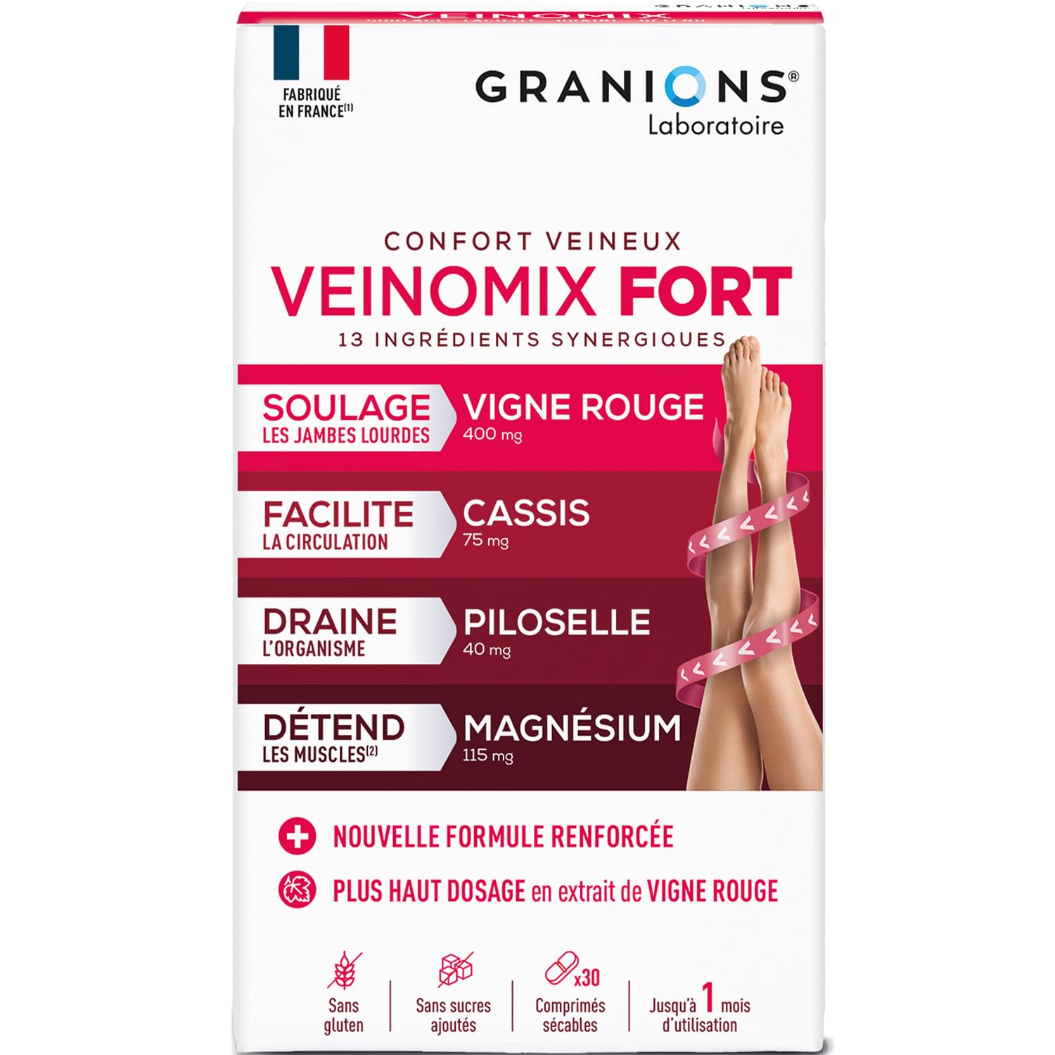GRANIONS - VEINOMIX FORT - Retention d'eau drainant puissant - Circulation Sanguine Jambes - Vigne rouge + Vitamine C + Vitamine E - Vigne rouge Circulation - Jambes Lourdes - 30 comprimés - 1 mois