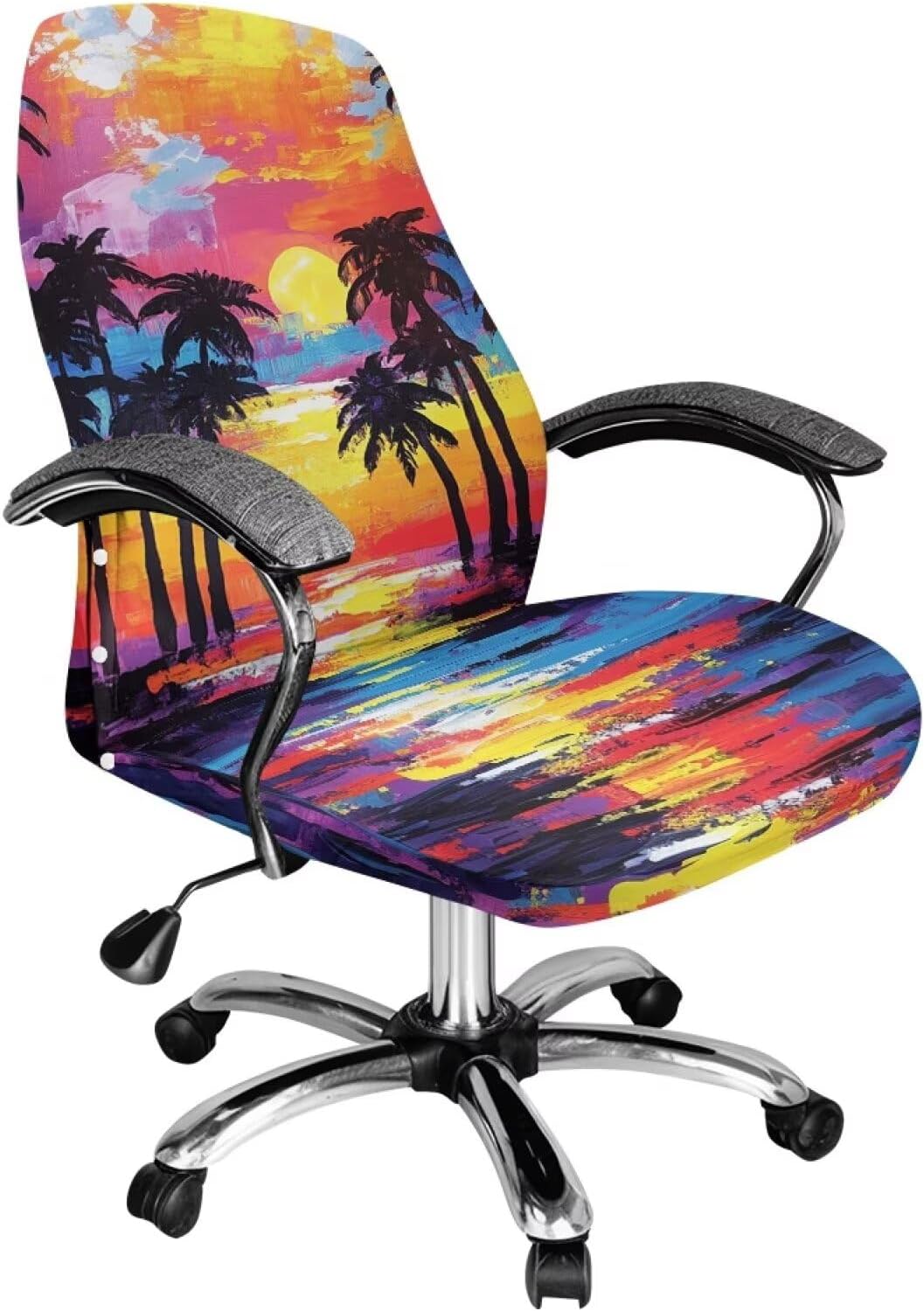 Palm Tree Sunset Print Office Chair Cover, Thick High Back Chair Slipcover with Elastic Bottom Desk Chair Seat Protector for Swivel Executive Office Chair-L