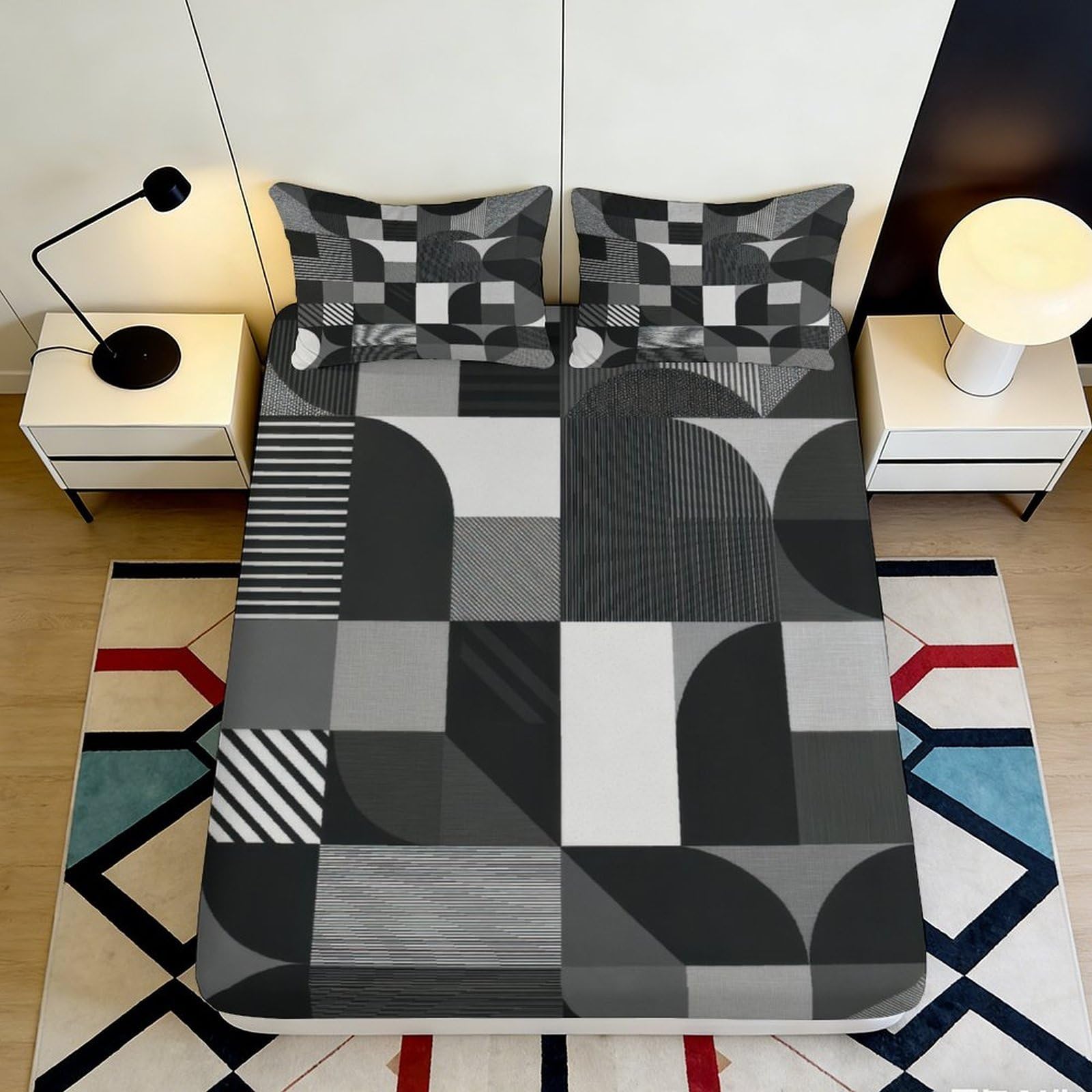 3D Printed Geometric Monochrome Fitted Sheet Microfiber Soft Modern Abstract Bed Cover Anti-Slip Washable Bedroom Decor 90x200x25cm