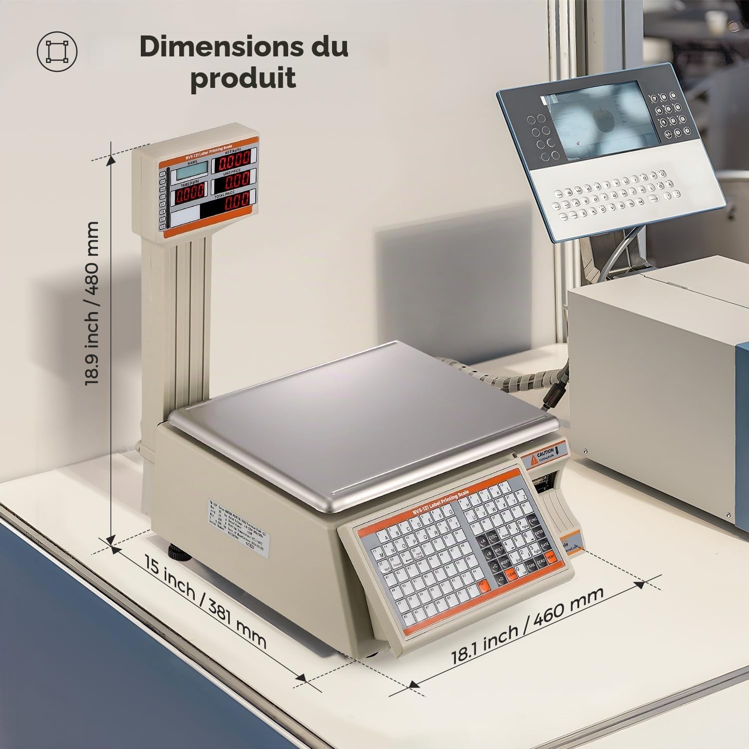 Bonvoisin Balance d'Impression d'Étiquettes 30kg/66lb avec Affichage Double - 71 Touches Mémoire, 4000 PLU, RS232/Ethernet, 2 Rouleaux Papier Inclus pour Magasin et Supermarché
