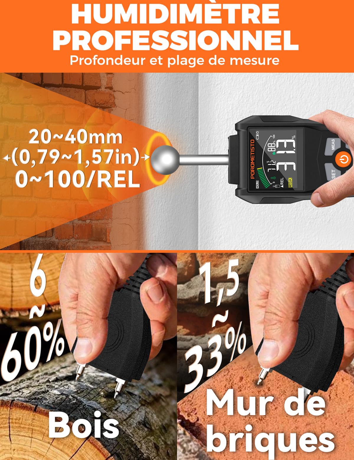 2 en 1 Testeur Humidité Sondes Sphérique et à Aiguilles,POROMETISTO | Testeur Humidité Mur de qualité industrielle,Testeur Humidité Bois, Détecte 20-40 mm Pour Bois,Mur,Plâtre,Parquet