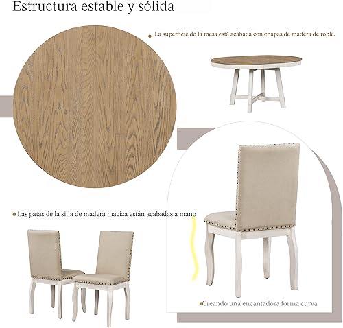 Miniatura 4 de Harper & Bright Designs TREXM Juego de mesa de comedor de granja de 5 piezas de madera redonda extensible y 4 sillas de comedor tapizadas (madera