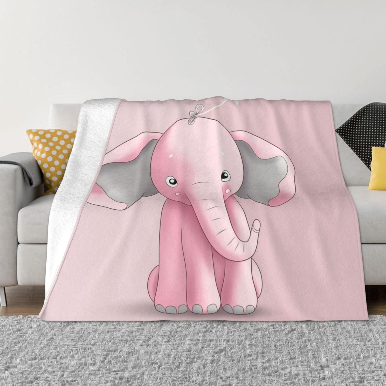 Plaid éléphant rose grand format, couverture flanelle micro-polaire lit et canapé toutes saisons