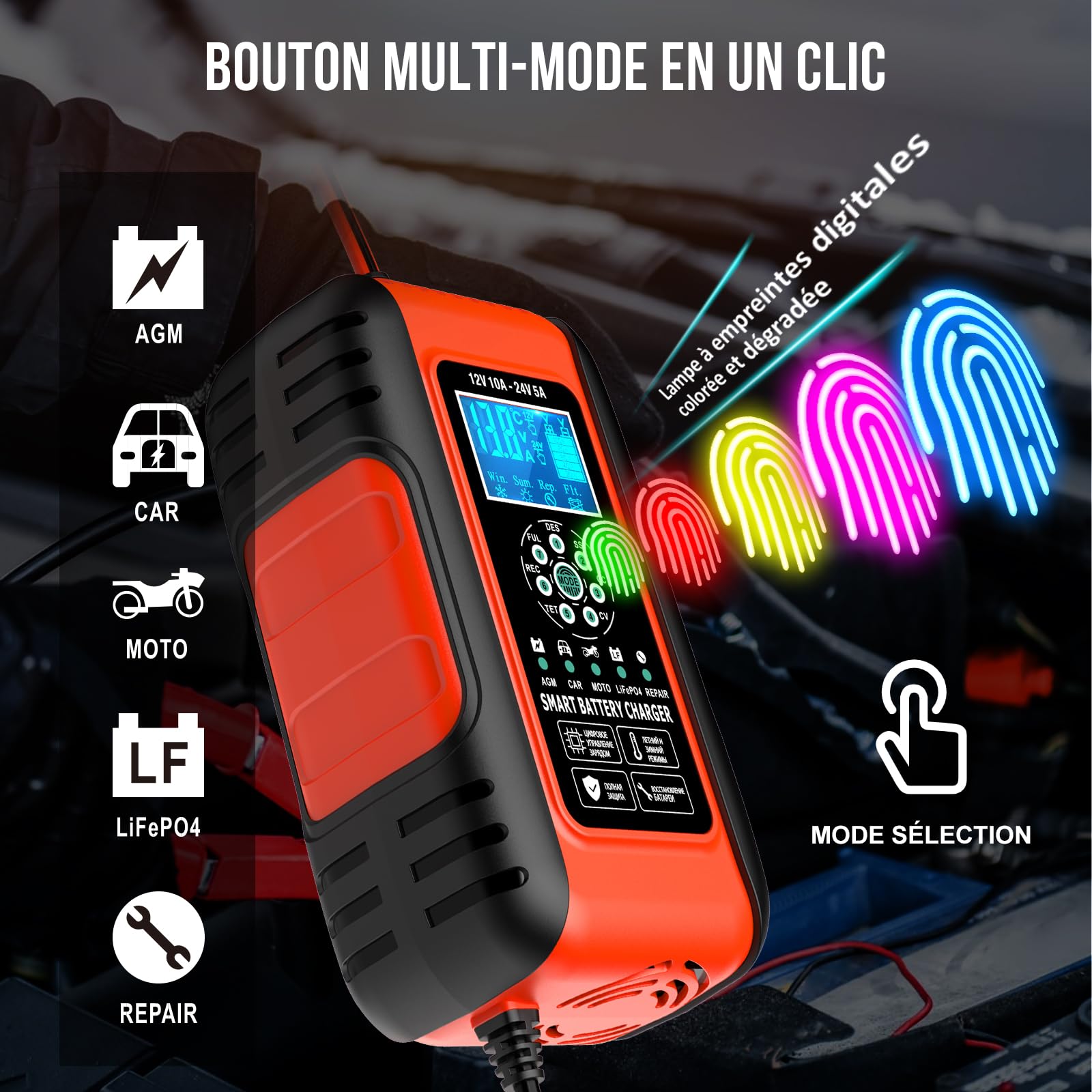 12V/24V 10A Chargeur Batterie Lithium, Chargeur Batterie Voitures avec Écran Tactile, 11 Protections Charge&Fonction Réparation, Sécurité Enfant pour Voiture Moto Camion, AGM, Gel, Wet, LiFePO4