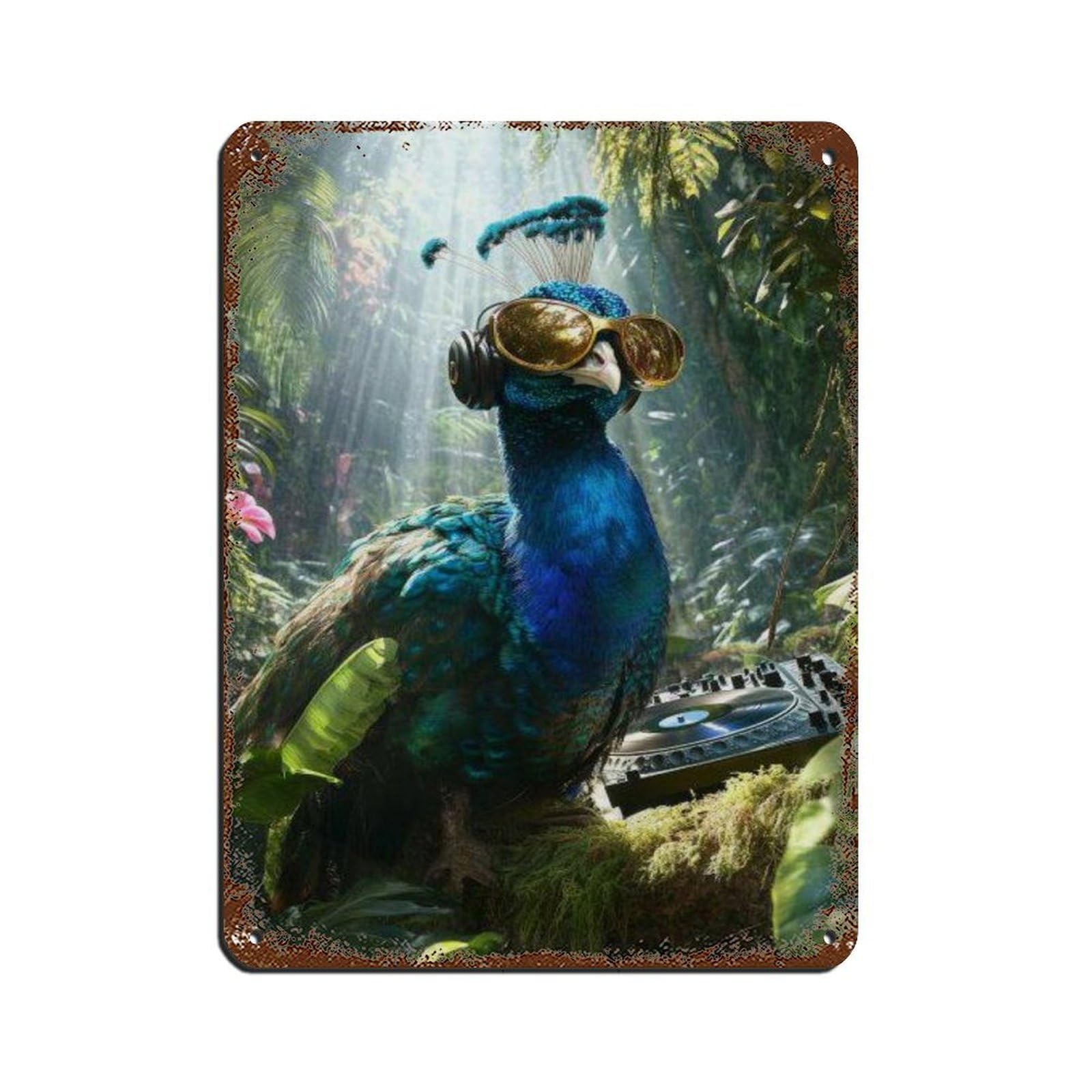 Cool Peacock With Headphones DJ Art Retro Poster Metal Tin Sign Chic Art Retro Iron Painting Bar People Cave Cafe Family Garage Poster Wall Decoration 12x16inch(30x40cm)
