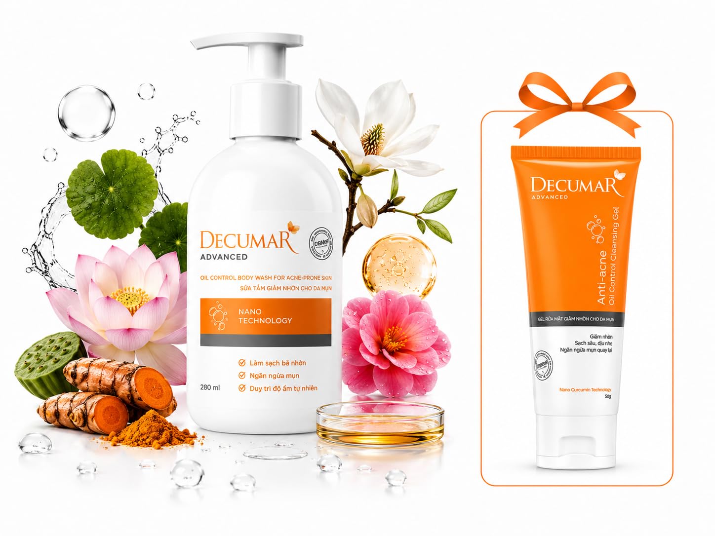Decumar Acne Body Wash for Acne-Prone Skin, Clarifying Body Cleanser with Salicylic Acid, Centella Asiatica & Tetrahydrocurcumin, Daily Exfoliating Body Wash, 280 mL / 9.46 fl oz + Facial Cleanser wit