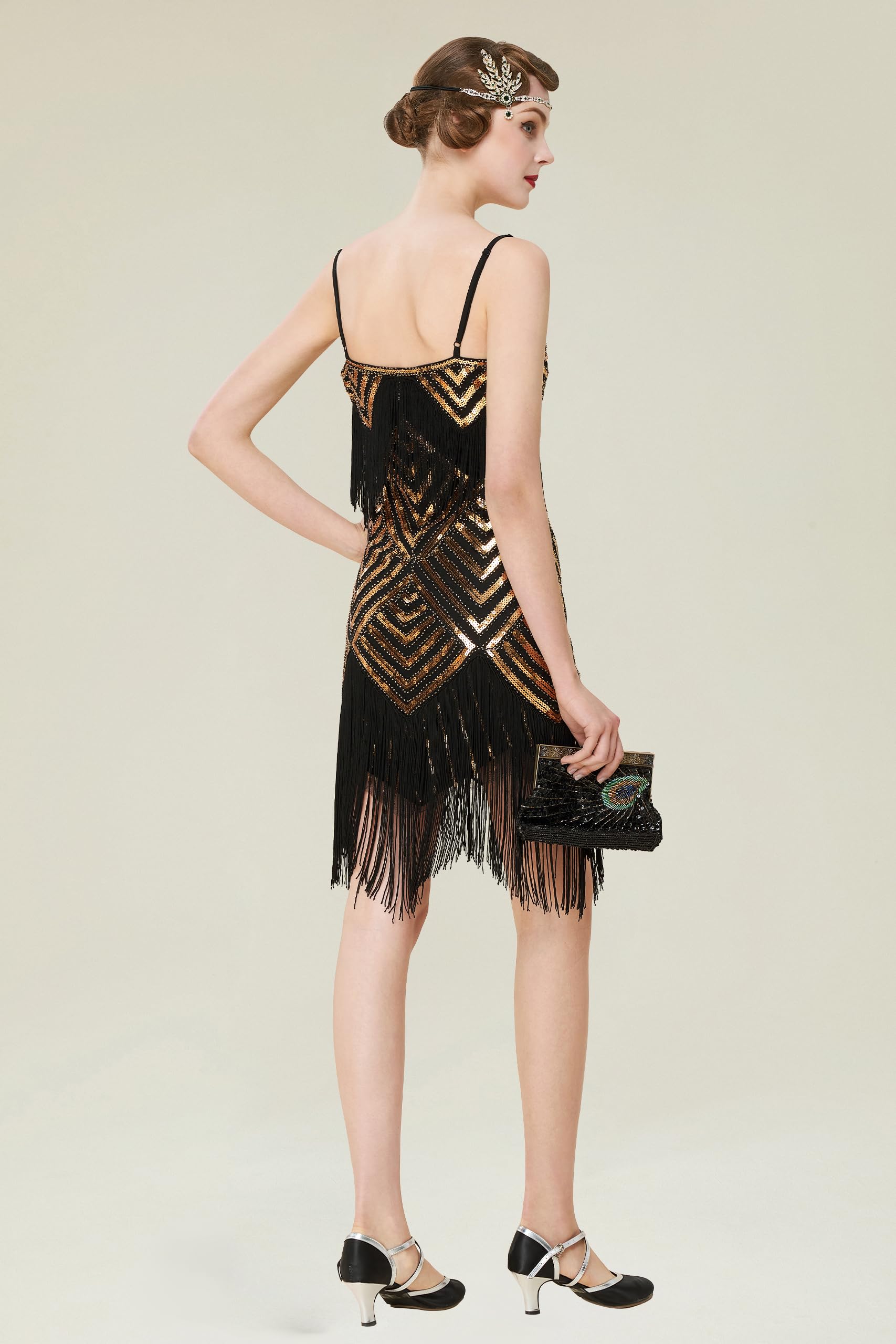 BABEYOND Robe style années 1920 avec col en V pour femme, style Gatsby le Magnifique, noir/doré, Taille S