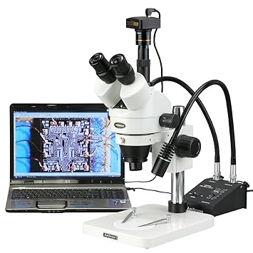 AmScope SM-1TSW2-L6W-5M Digital Professional Trinocular Stereo Zoom Microscope, WH10x and WH25x Eyepieces, 3.5X-225X Magnification, 0.7X-4.5X Zoom Objective, 6W Dual-Gooseneck LED Light
