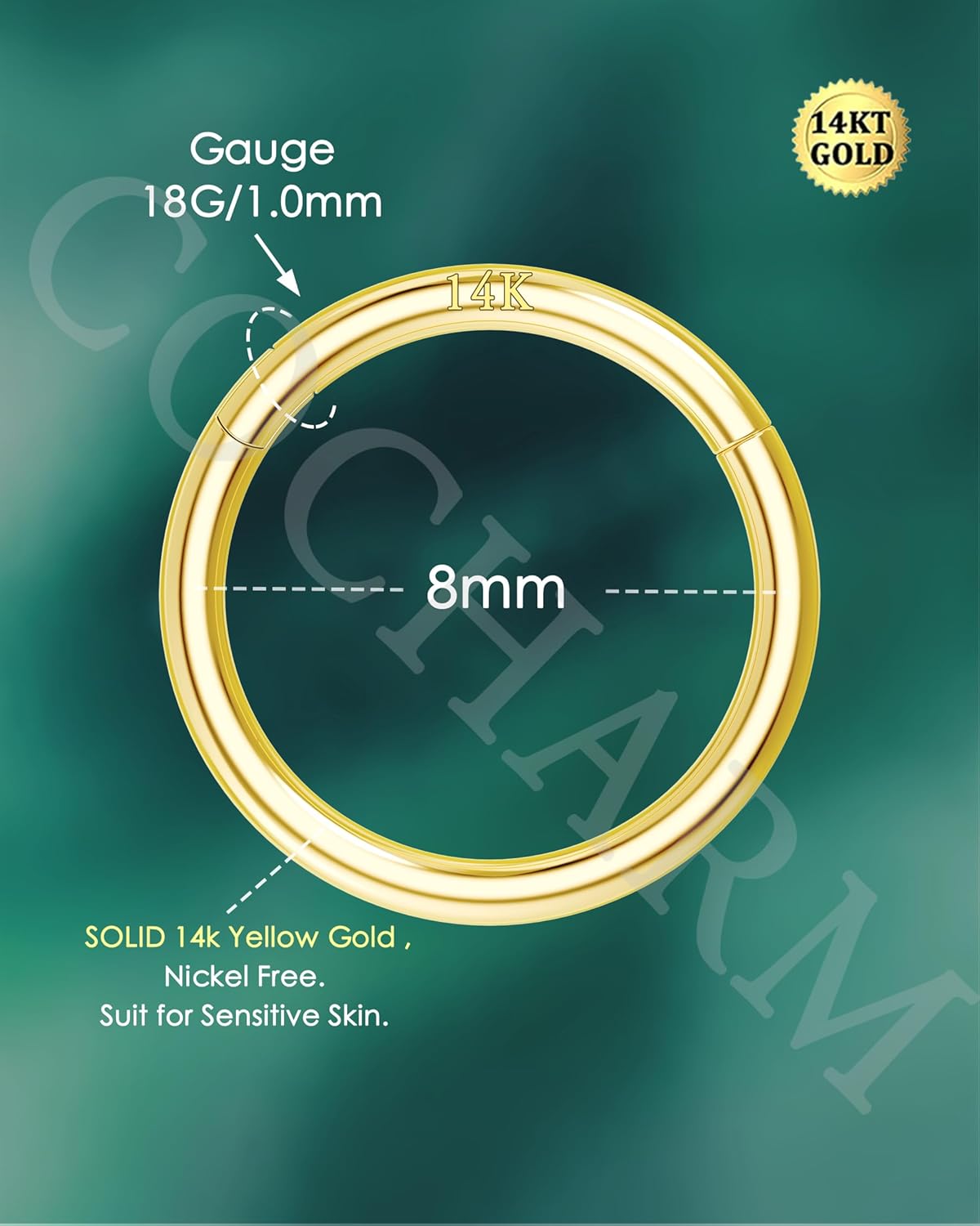 COCHARM 14K Solid Gold 18g/16g Nose Rings 16G Septum Rings Yellow Gold Tragus Helix Cartilage Conch Earring Hoops 18 Gauge Piercing Hoop - Image 4