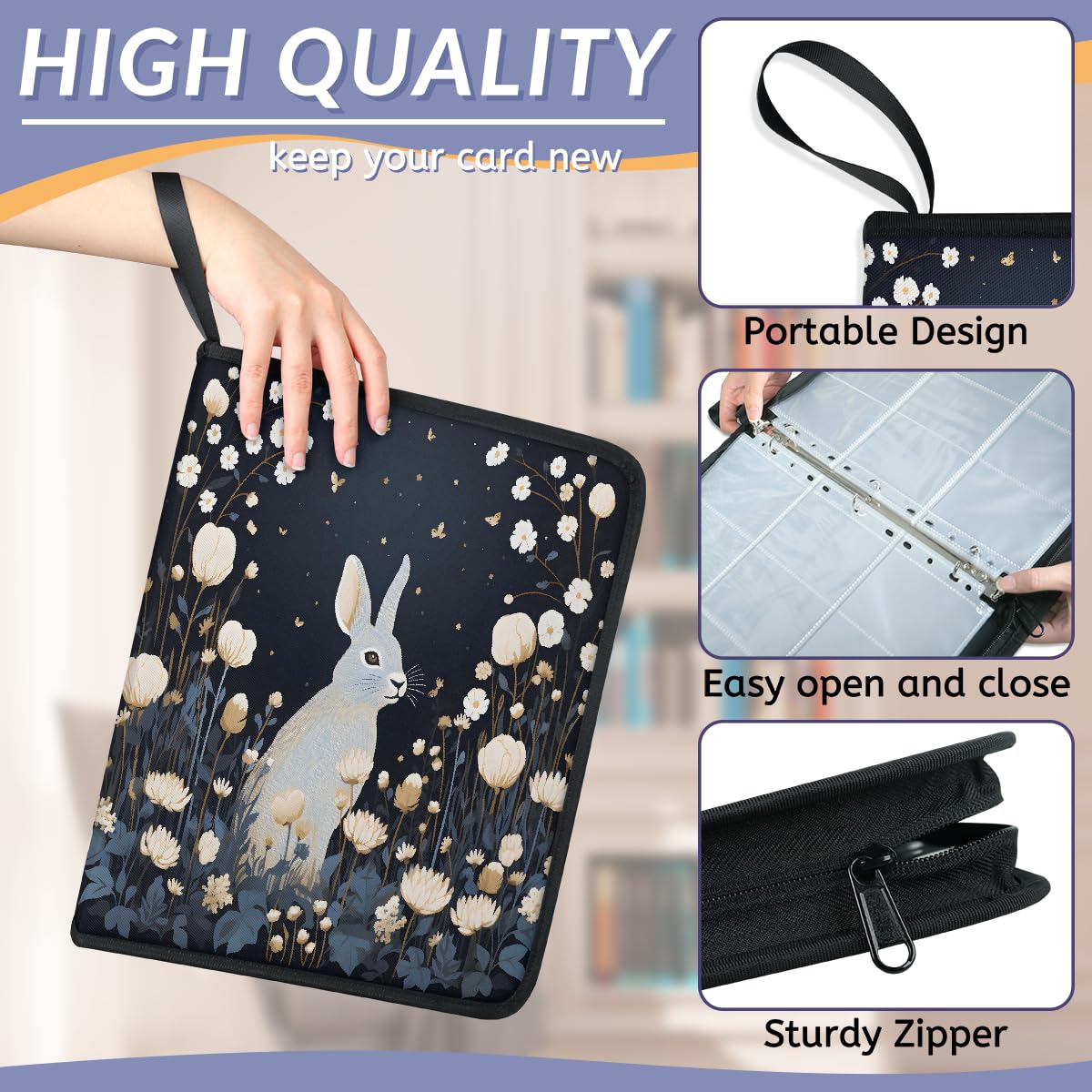 Raccoglitore per carte con 9 tasche, 900 tasche, con chiusura a cerniera (coniglio grigio fiore)