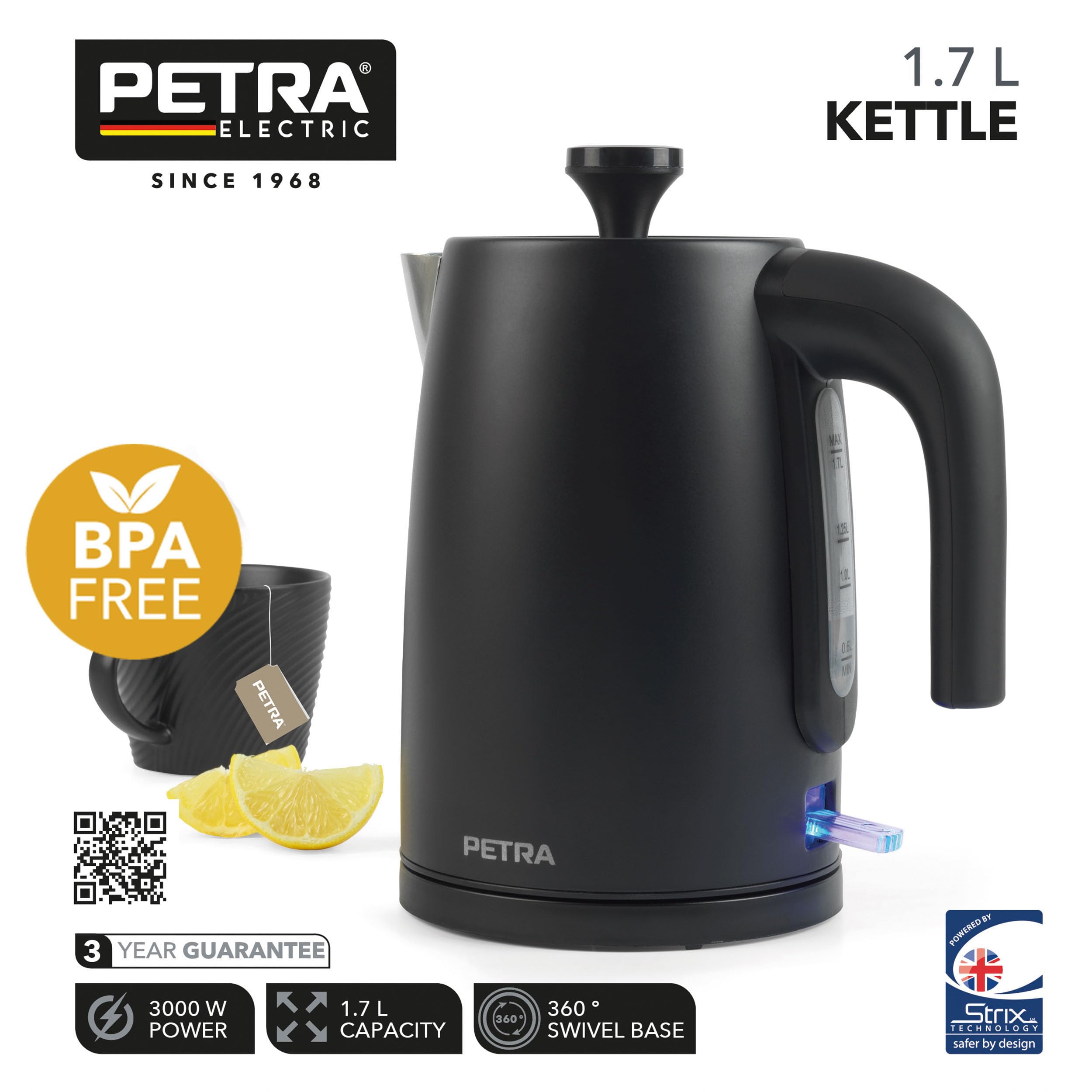 Petra PT5632MBLKVDE Bouilloire 1.7L électrique - ébullition rapide, sans BPA, base pivotante 360°, indicateur de niveau d'eau, filtre anticalcaire, capteur d'ébullition à sec, arrêt automatique, 3000W