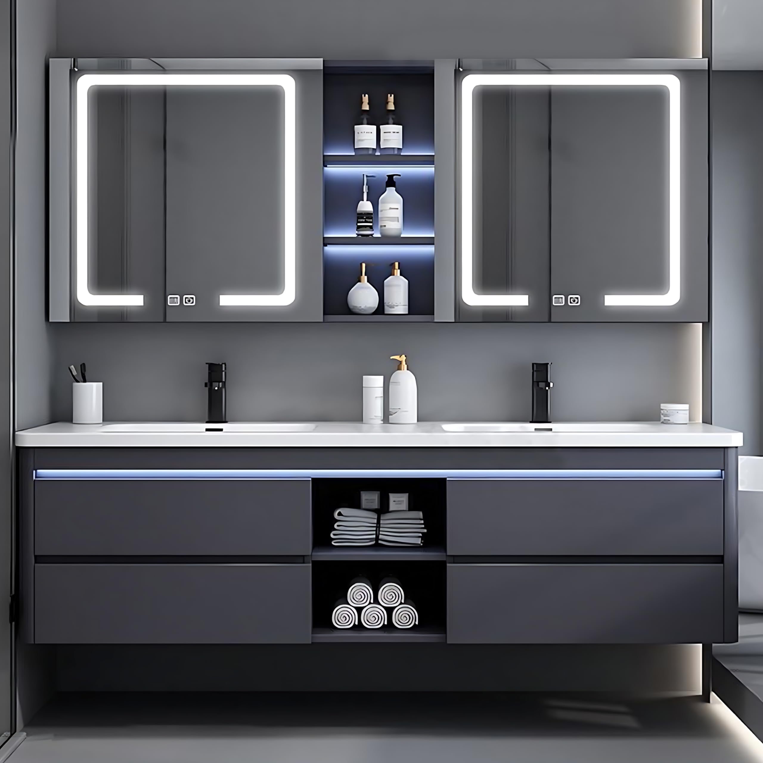 ZGNBSD Bathroom Vanity with Sink - Double Sink Bathroom Vanity Cabinet & Smart Mirror Cabinet Set, Wall Mounted Modern Floating Vanity, Suitable for