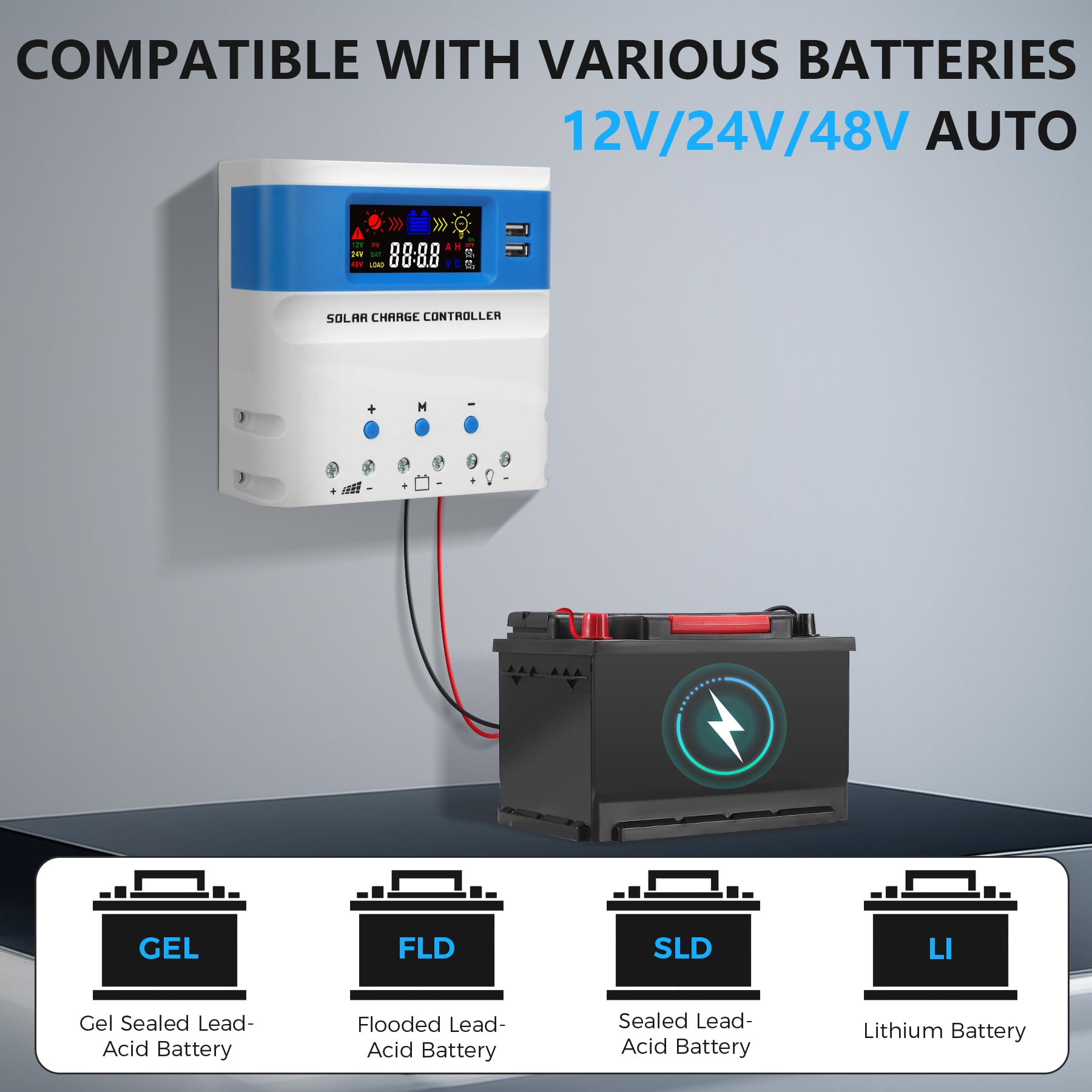 60A PWM Regolatore di Carica 12V/24V/48V Auto,60A Regolatore di Carica Pannello Solare Display LCD Doppia Porta USB,12V/24V/48V Regulador de Carga Solar Controller per Batterie GEL/SLD/FLD/LI