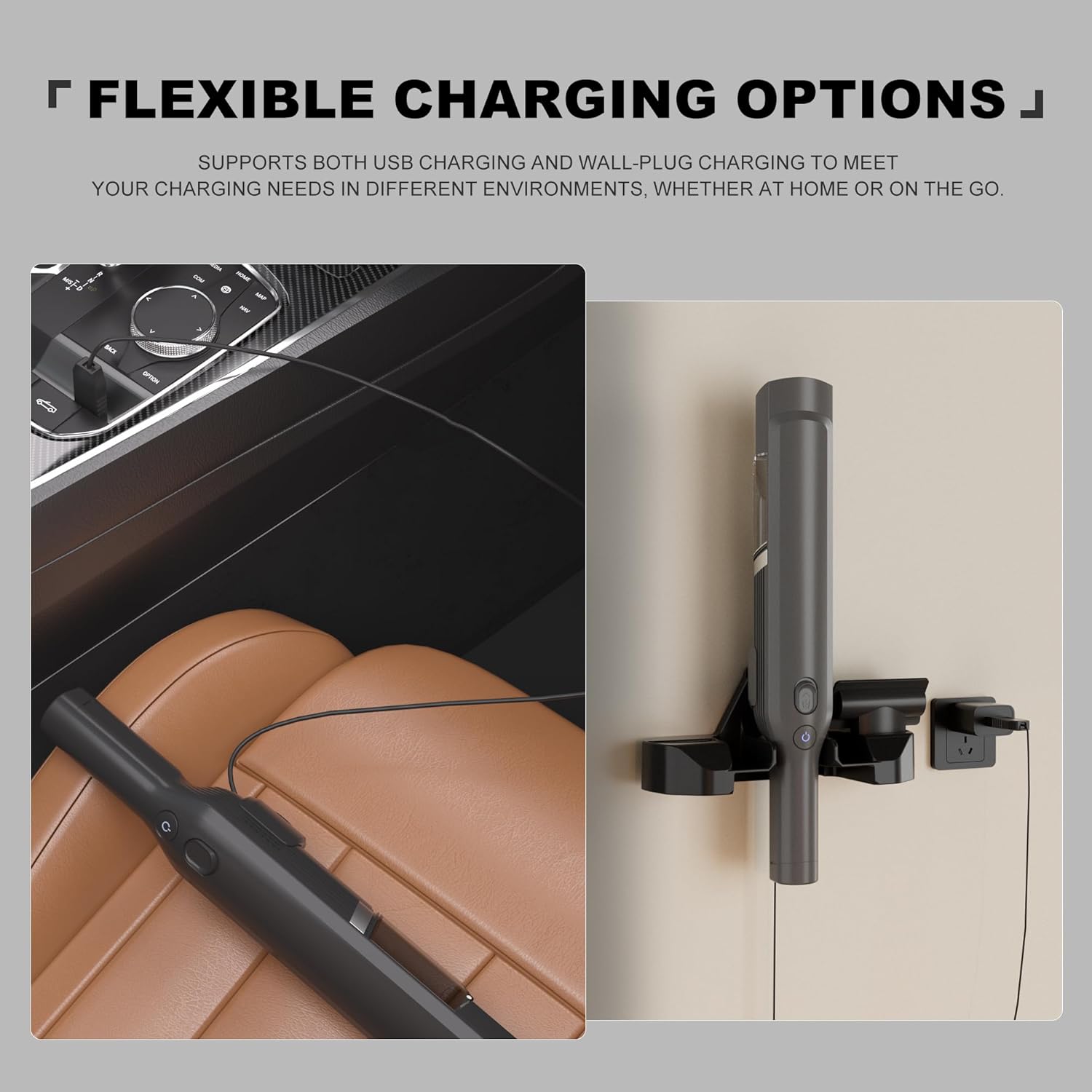 Images showing the Shark WANDVAC being charged via USB in a car and on the wall-mounted charging dock.