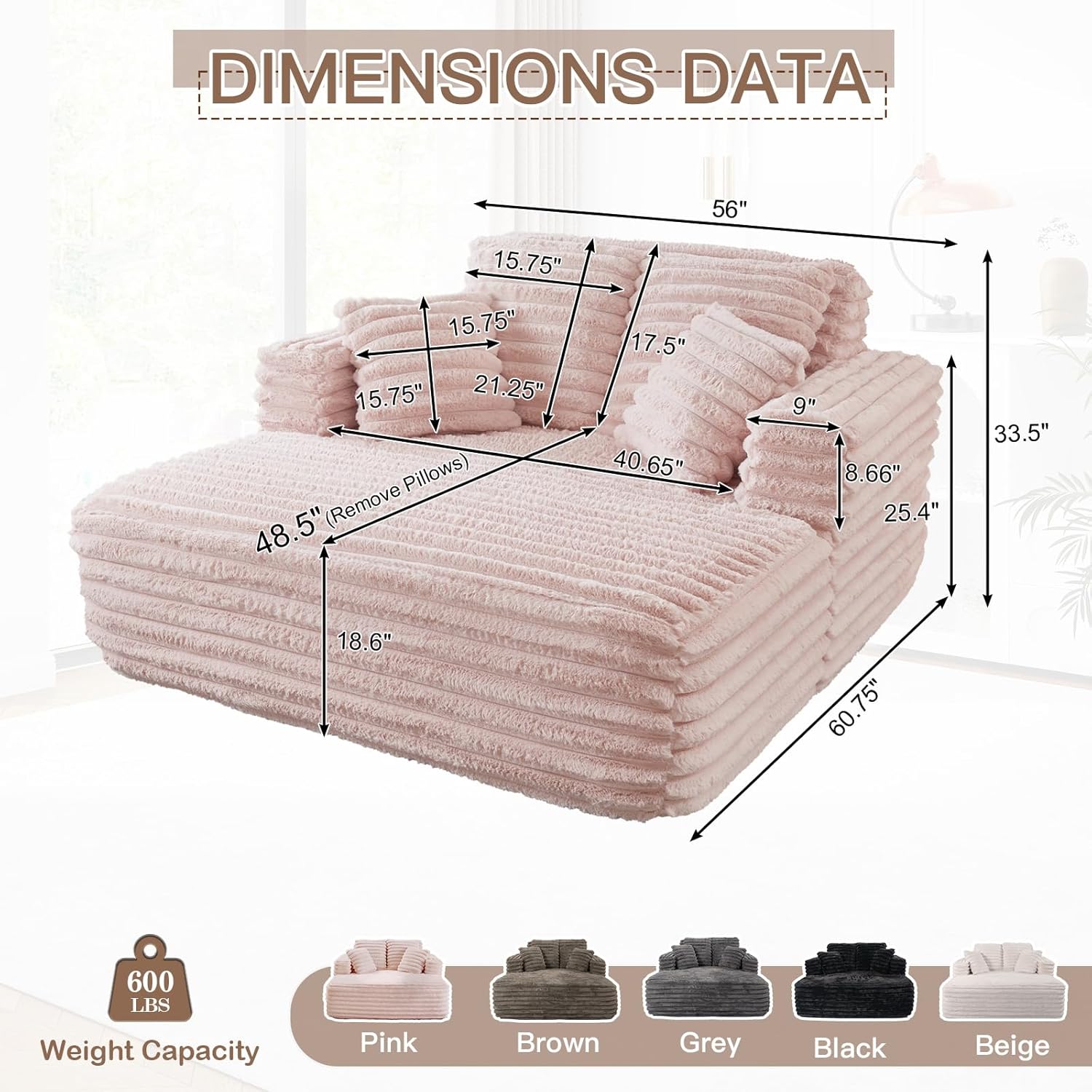 56"W Oversized Chaise Lounge Chair Indoor,Plush Faux Fur Sleeper Sofa Couch Bed with Pillows&Wide Armrest,Fluffy Comfy Cloud Sofa,Compression Foam Boneless Couch for Living Room,Bedroom(Pink)