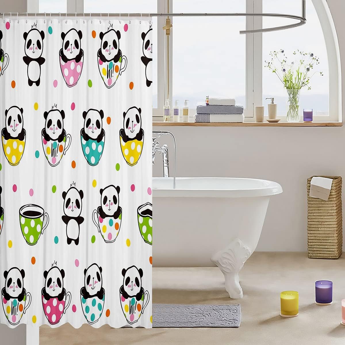 Erosebridal Kids Cute Panda Bath Curtain Kawaii Pandas Cupcake Shower Curtain for Boys Girls Colorful Polka Dots Bathroom Curtain 72Wx78L Cartoon Animal Theme Bath Curtain White