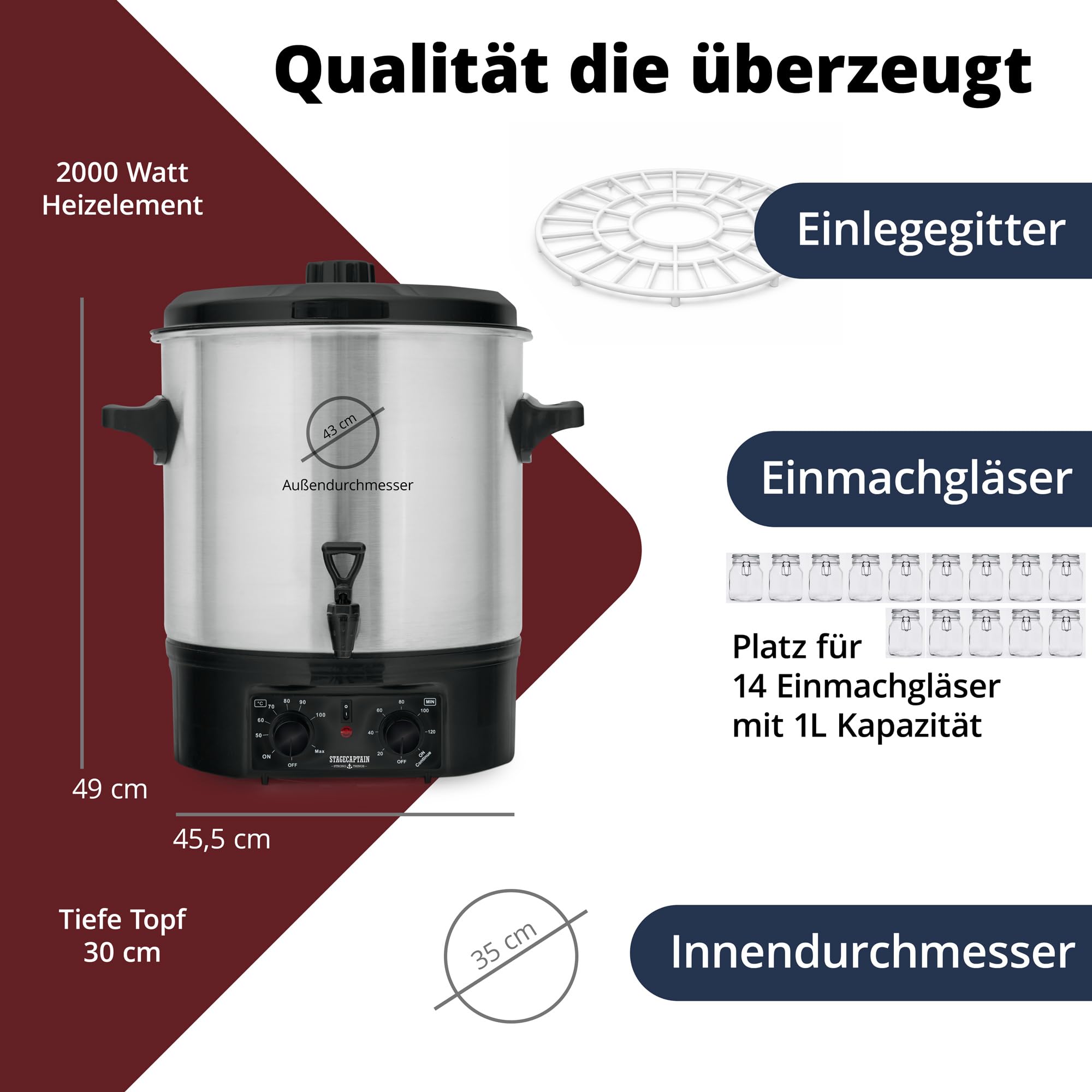 Stagecaptain GWK-27A Glühweinkocher - Einkochautomat mit 27 Liter - 2000 Watt - Gebürsteter Edelstahl - Einfache Bedienung (Temperatur und Zeitschaltuhr) - Abschaltautomatik - Silber
