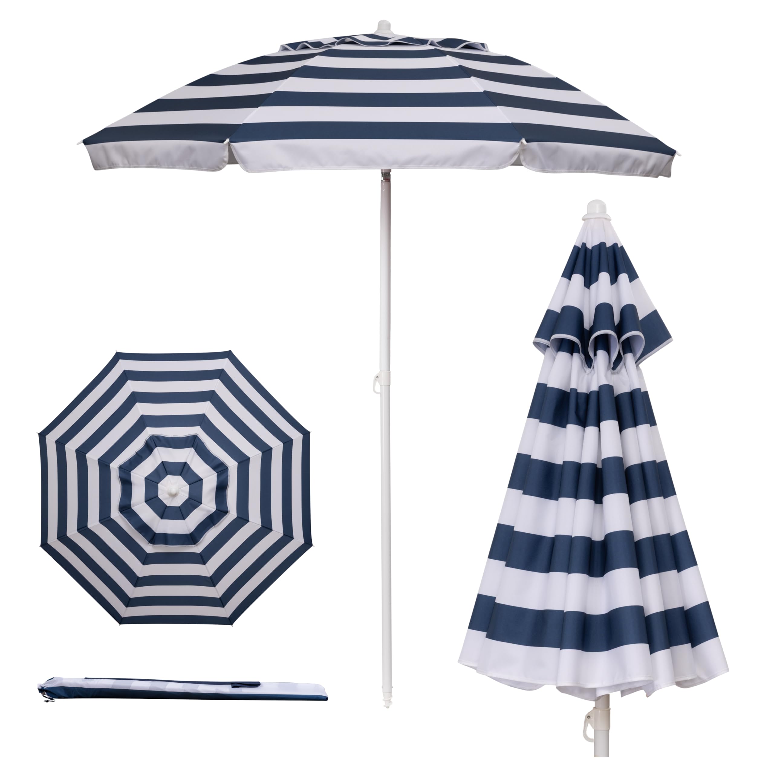 PICNIC TIME Outdoor Canopy Sunshade Beach Umbrella 5.5', Small Patio Umbrella, Beach Chair Umbrella, (Blue & White Stripe)