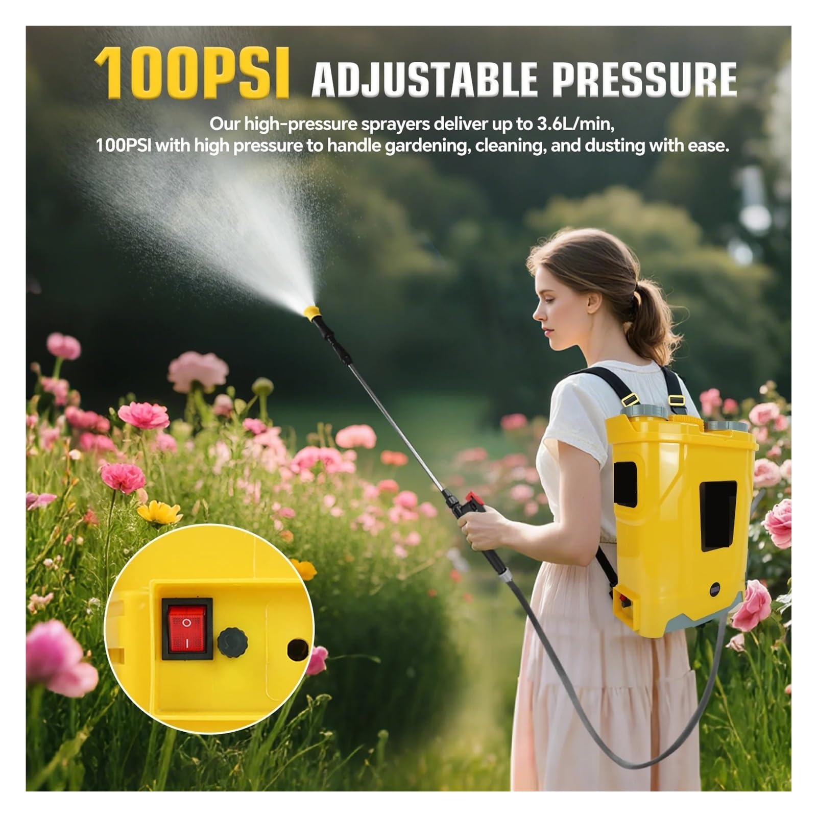 Spruzzatore da giardino, Spruzzatore a spalla alimentato a batteria elettrico a pressione regolabile da 5,3 galloni (senza batteria)