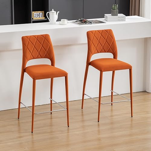 Miniatura 1 de Juego de 2 taburetes de bar de terciopelo de 26 pulgadas, taburete de isla de cocina tapizado naranja con patas de metal cubiertas de terciopelo,