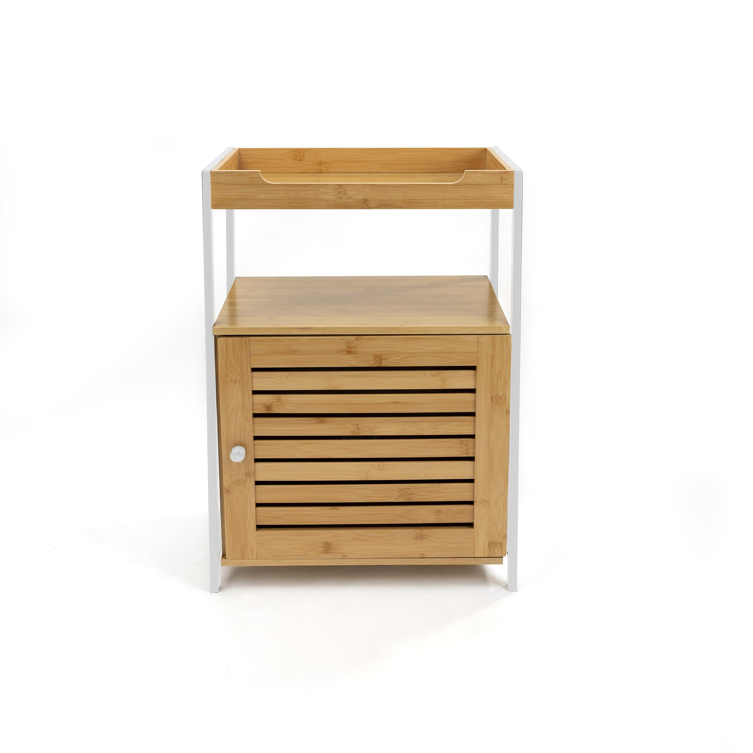 Mueble para Baño Blanco XZ-22167-1 con 1 Armario, 1 Puerta y 2 Estantes, Estantería Compacta de Bambú y Metal 40.5x30x70cm – Organizador Duradero y Elegante