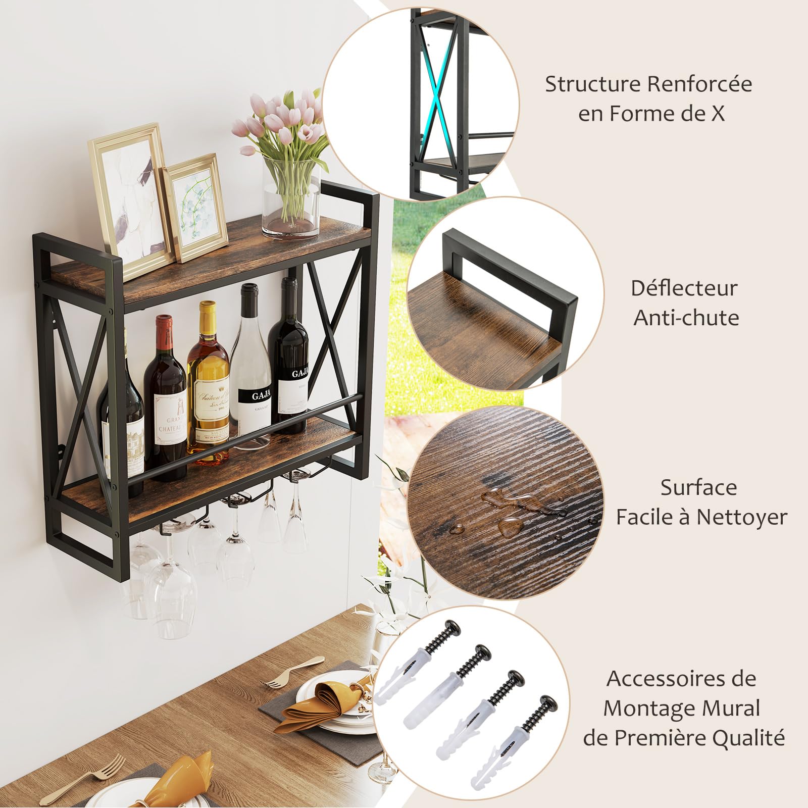 GOPLUS Étagère à Vin Murale, 2 Niveaux pour 14 Bouteilles, 9 Porte-Verres à Vin ou 6 Tasses, Étagère de Rangement Suspendu pour Bar à Domicile, Salle à Manger, Cuisine, 60x20x55cm